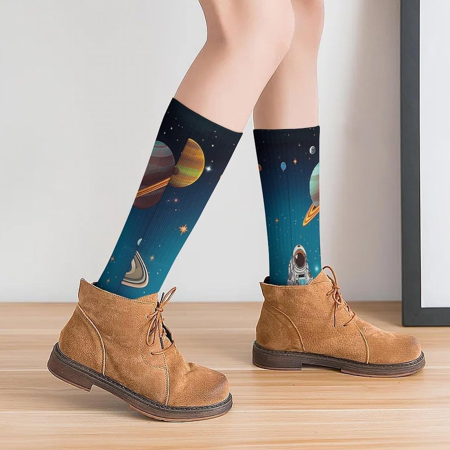 Breathable Crew Sock, Moisture Wicking, Athletic Calf Socks, Cozy | Outer Space Rocket Astronaut Compression Socks for Women Men, Lightweight High Work Socks for Business, Casual