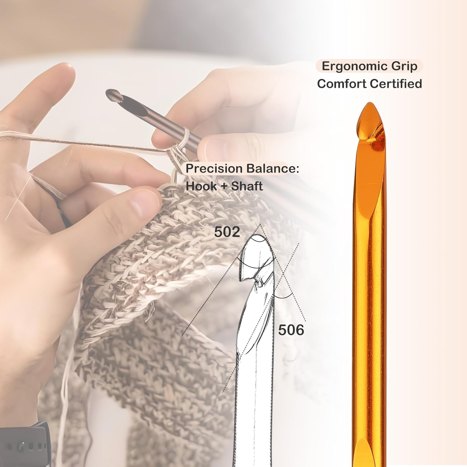 Guclud Inline Crochet Hook Set - 12PCS Ergonomic Extra Long Aluminum Hooks (3-10mm) with Grip Handles for Arthritic Hands, Complete Crochet Kit for Beginners with Storage Case