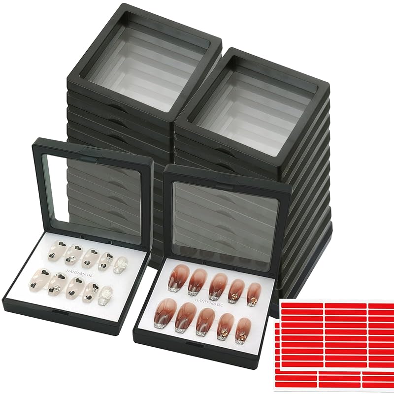 Caixas de Embalagem para Unhas Postiças com Expositor 3D GUXACU, Preta, Pacote com 20