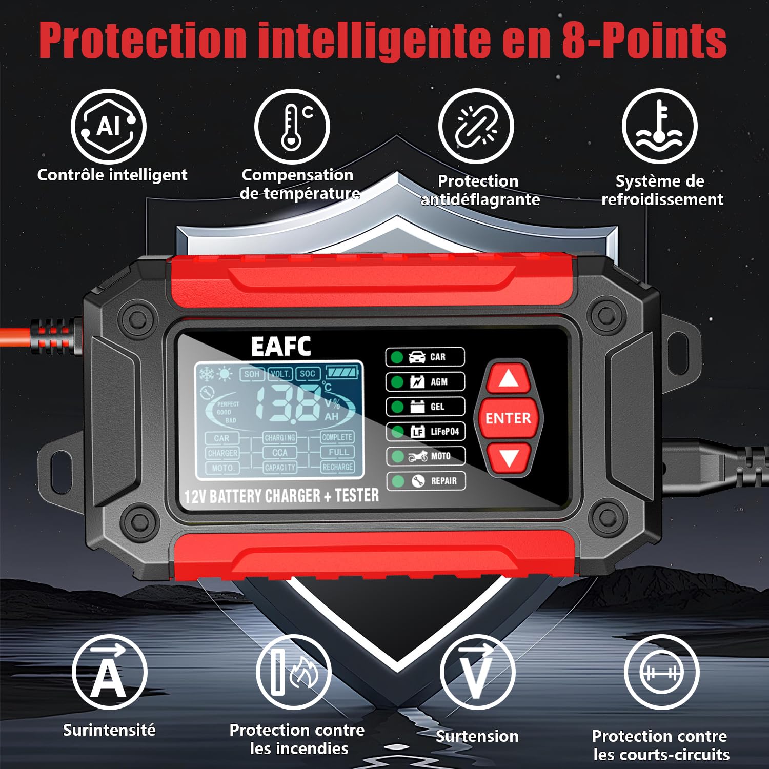 12V Chargeur Batterie Voitures 6A, Testeur de Batterie 100-2000 CCA 4-120Ah, Maintien de Chargeur de Piles Analyseur Compatible 12V Batterie au Plomb, AGM, Gel, pour Voiture, SUV, Moto, Bateau