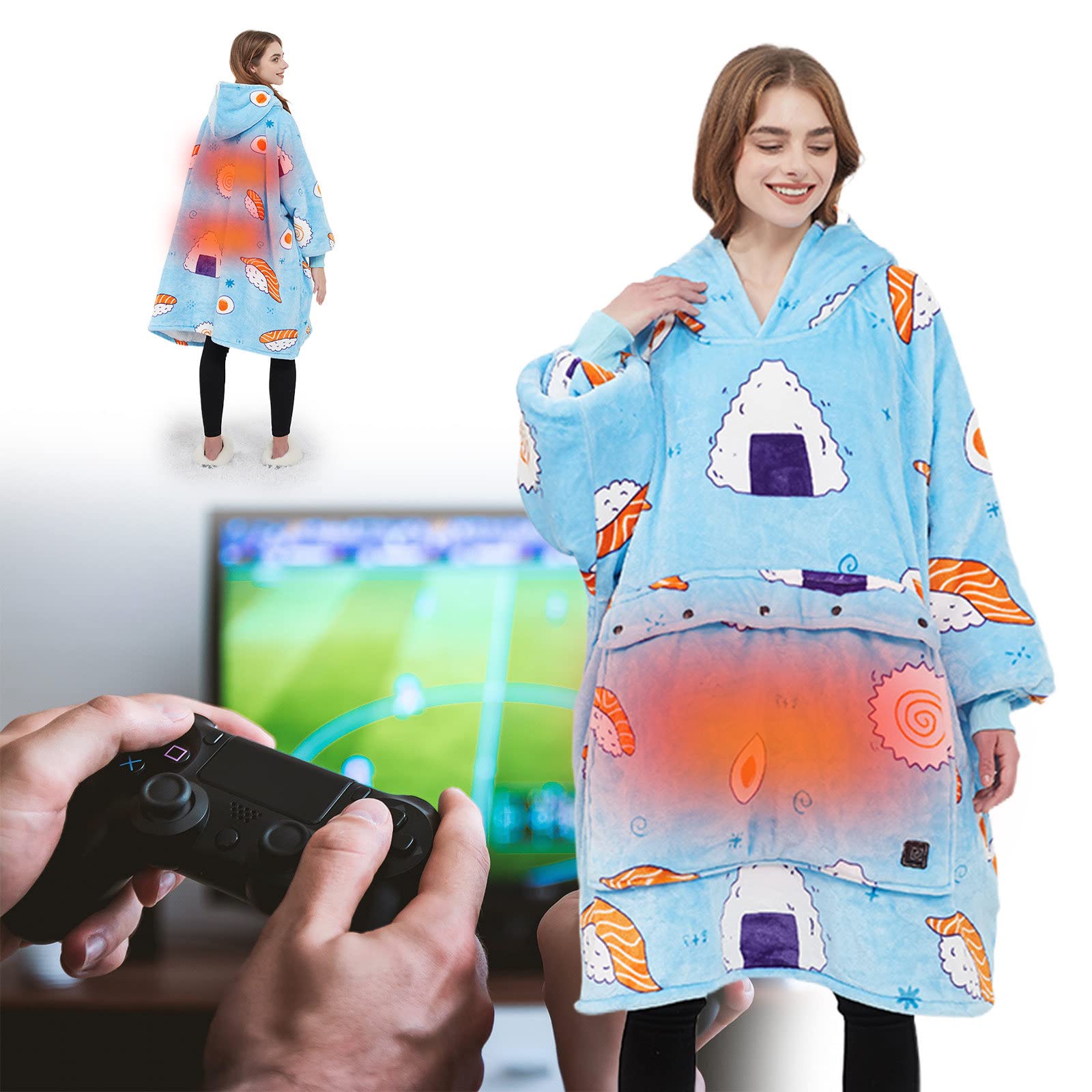 Felpa con Cappuccio Riscaldata per Donna Uomo, Coperta per Divano Riscaldata Elettrica USB con 3 Livelli di Riscaldamento, Felpa Scalda Corpo Lavabile per Guardare la TV/Giocare a Casa,LightBlue