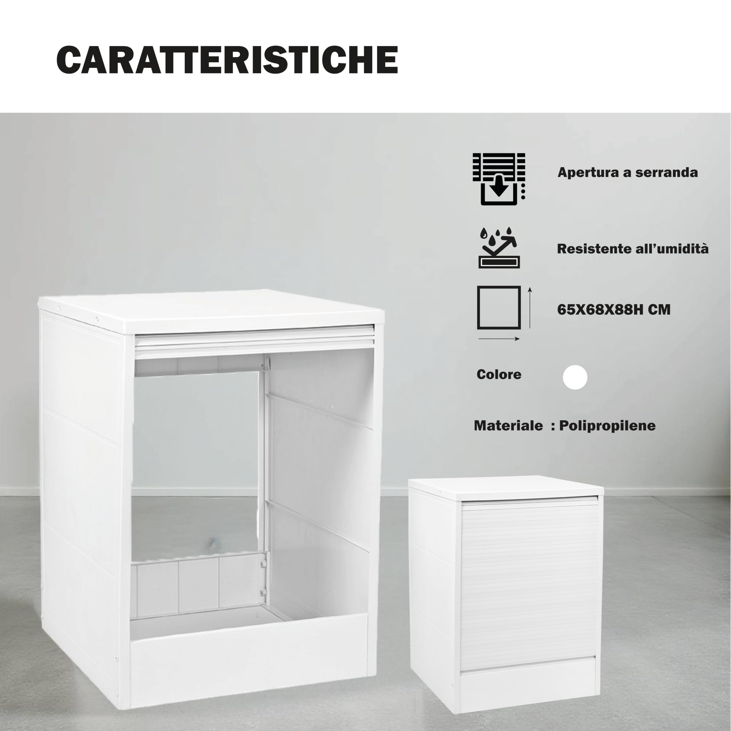 Mobile Coprilavatrice Bianco - Apertura a Serranda, Struttura Polipropilene, Frontale, Lavanderia, Garage, per Interno, Esterno, Montaggio senza Viti, Piano d'appoggio - 65X68X88H CM
