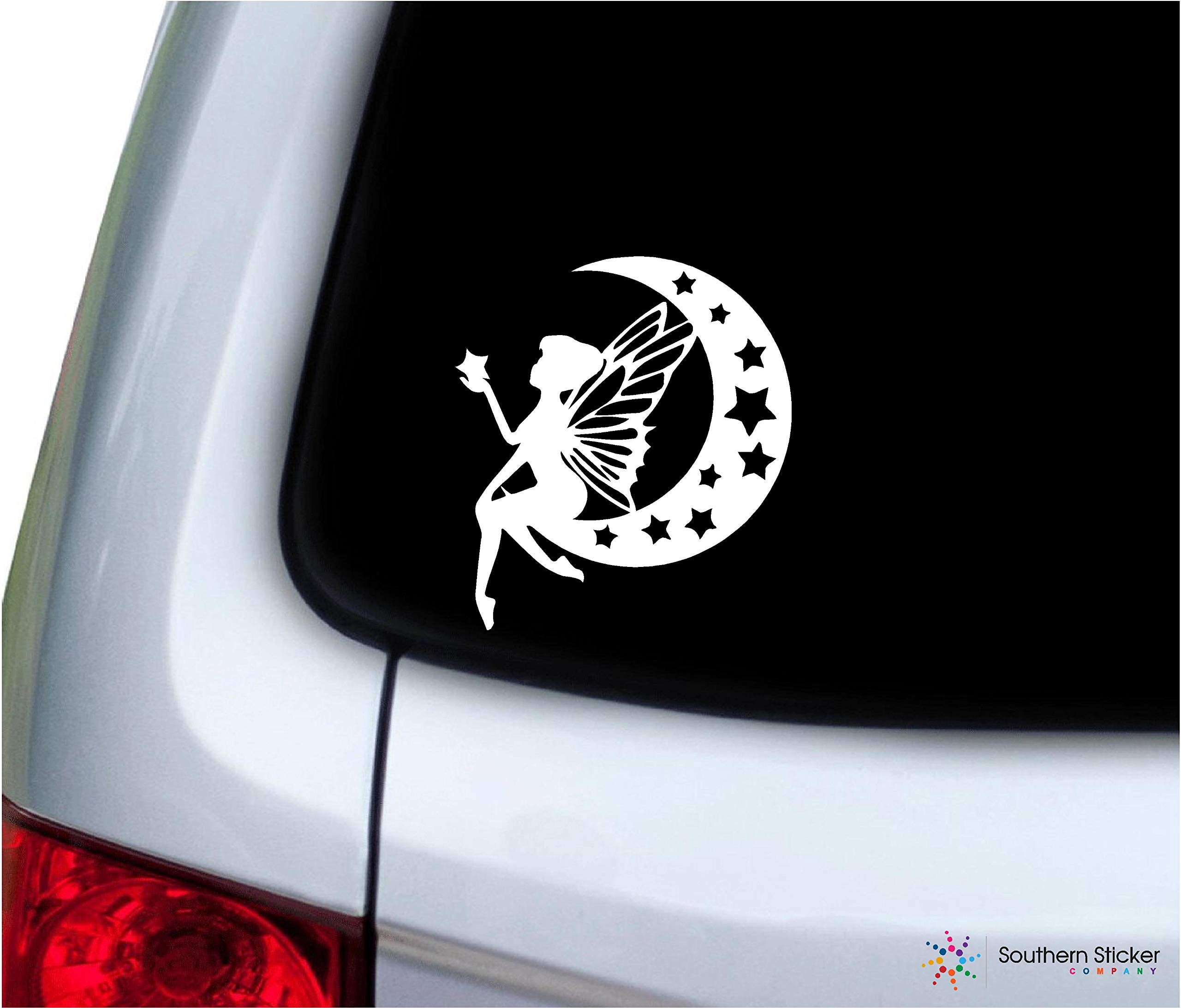 Southern Sticker Company Fairy on Half Moon Stars Inside 3.9x4.3 inches Size Vinyl Laptop car Window Truck - Made and Shipped in USA (White)