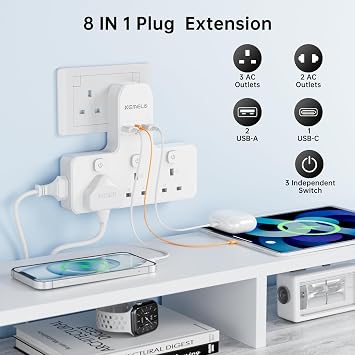Multi Plug Adapter (3250W/13A), Plug Extension Socket with 3 USB, 3 Way Plug Adapter UK Built-in with Independent Switches,Wall Plug Extender for School Home, Kitchen, Office