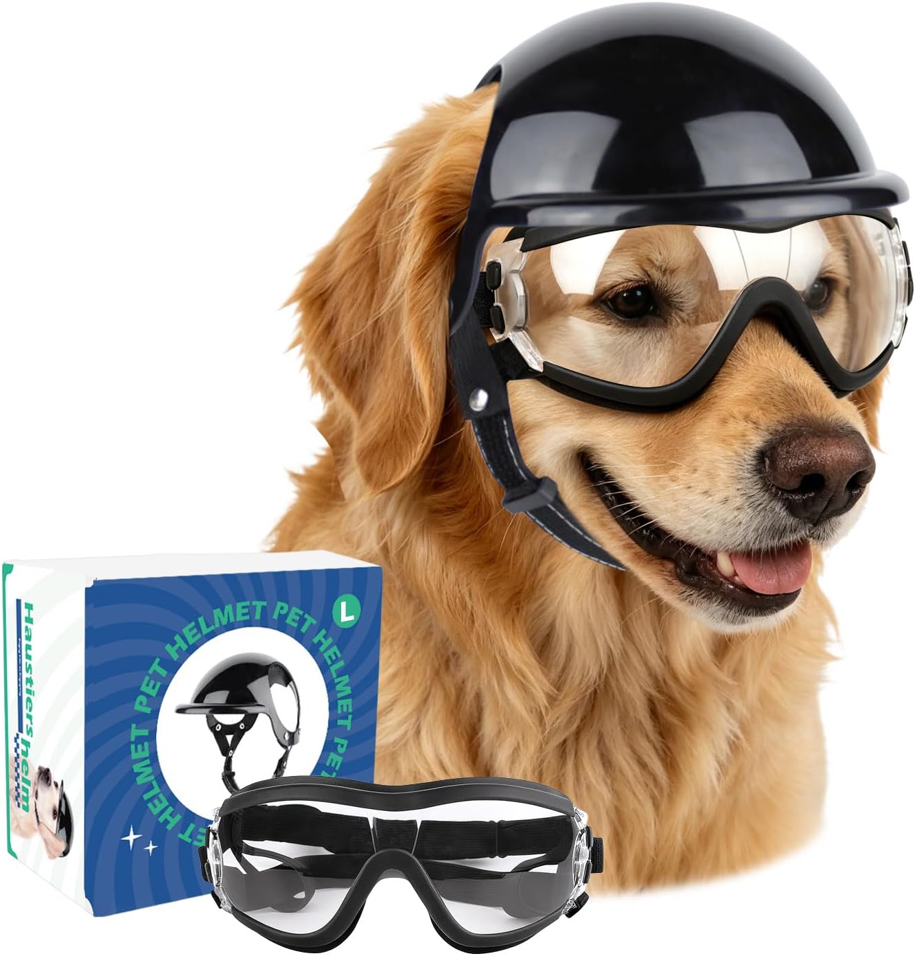Dog Goggles and Pet Helmet Set, Large Dog Sunglasses Anti-UV Windproof, Safety Motorcycle Helmet with Ear Holes for Medium to Large Breeds, Head& Eyes Protection, Clear L