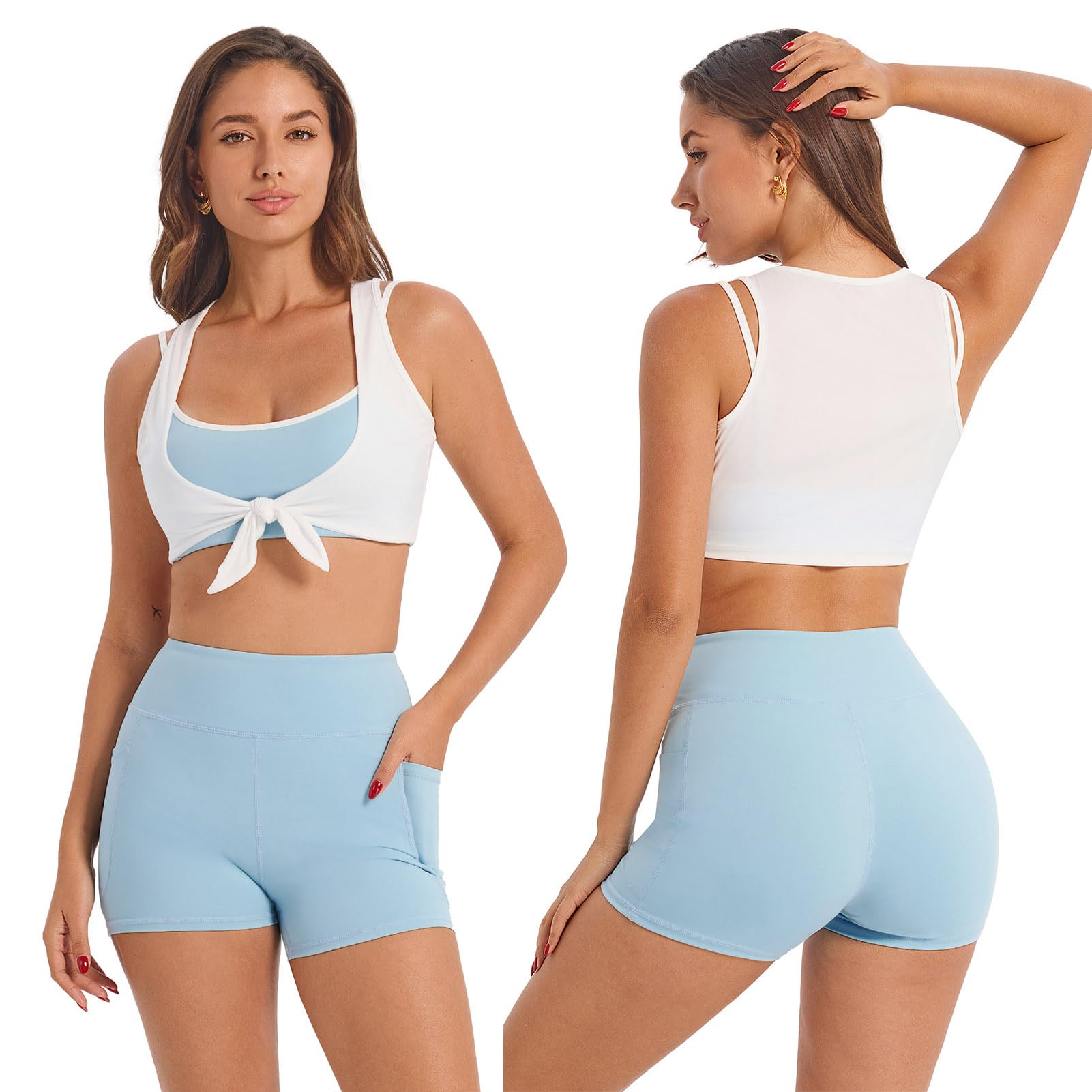 IDOPIP Conjunto deportivo de 3 piezas para mujer con sujetador deportivo, pantalones cortos con bolsillos, chándal para fitness, yoga, pilates, entrenamiento