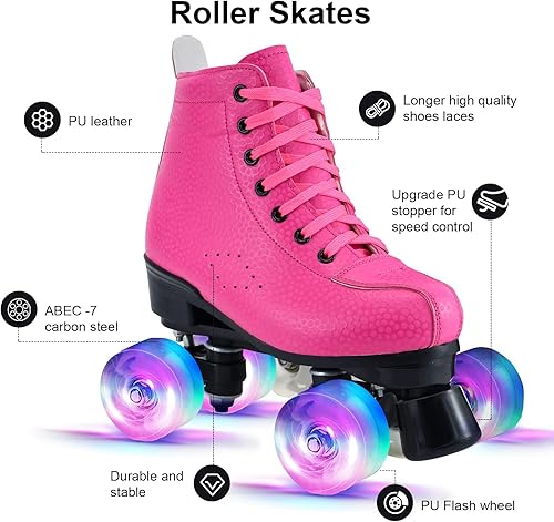 Miniatura 4 de Patines de ruedas para mujeres y niñas, niños y hombres, de piel sintética, diseño clásico de doble fila, 4 ruedas brillantes, patines de cuatro