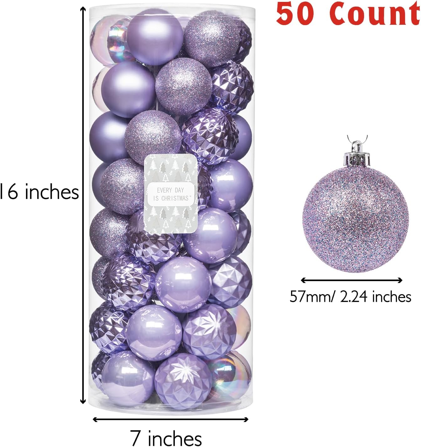Every Day is Christmas Ornaments, Shatterproof Christmas Tree Ornament Set, Christmas Balls Decoration 50 Count (2.24"/57mm, Lilac Purple)