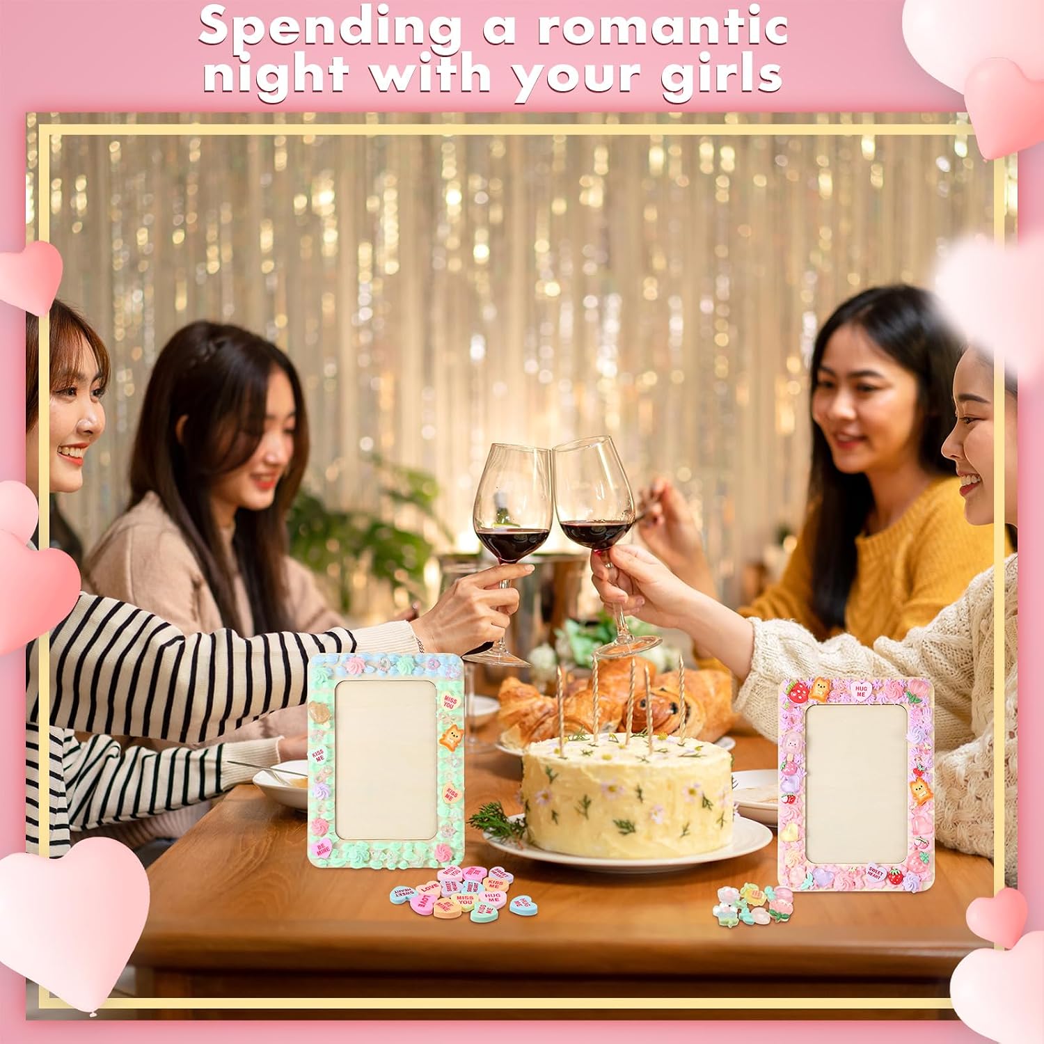 BrightRow 106 Pcs Valentines Picture Frame Craft Kit for 4" x 6" Photos Painting 12 Galentines Unfinished DIY Wooden Craft Photo Frames with DIY Tools Set Various Beads Kit for Gift Party Decoration