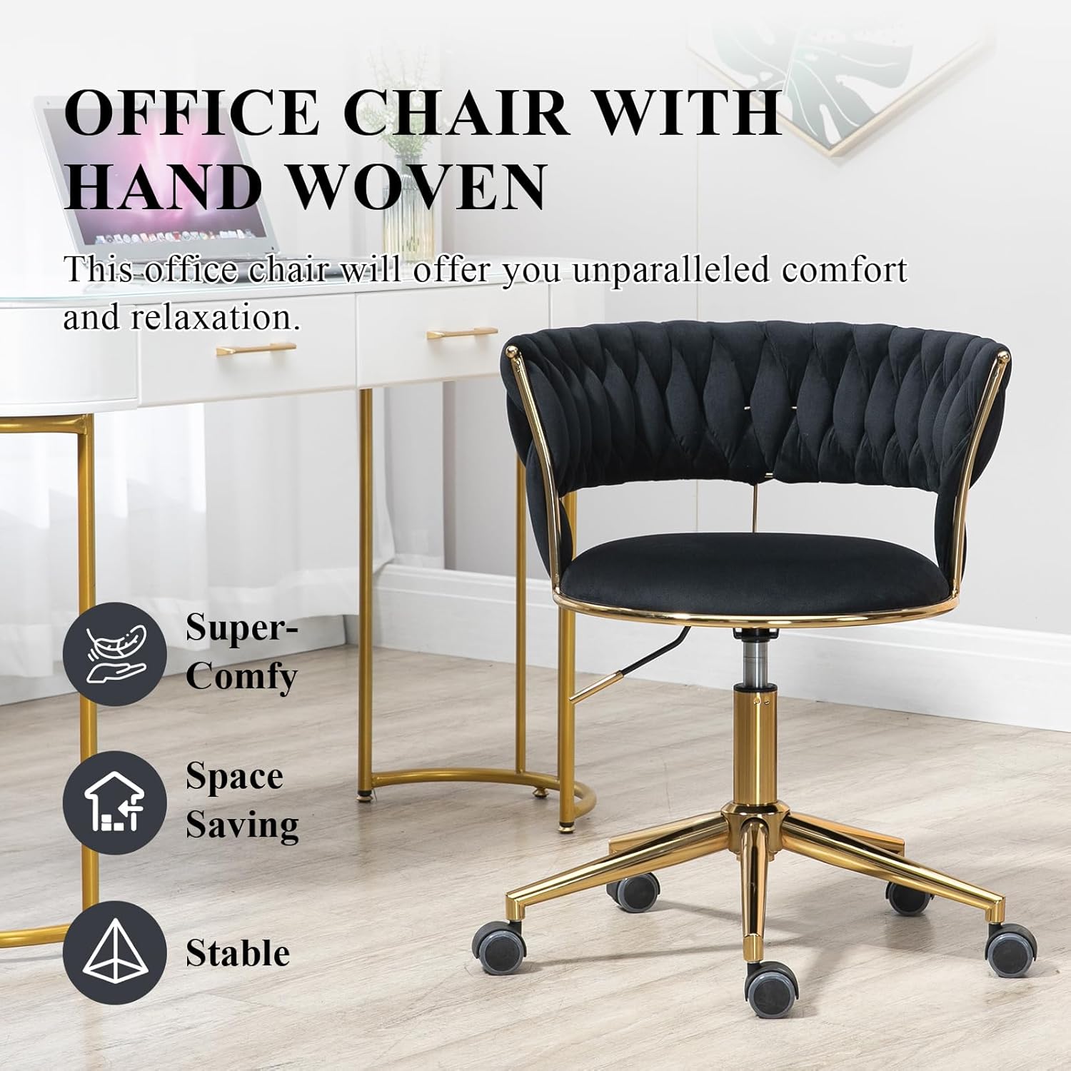Home Office Chair with Hand Woven, Velvet Upholstered Desk Chair with Open Back, 360° Swivel & Height Adjustable Task Chair, Ergonomic Office Chair with Gold Base (Black)