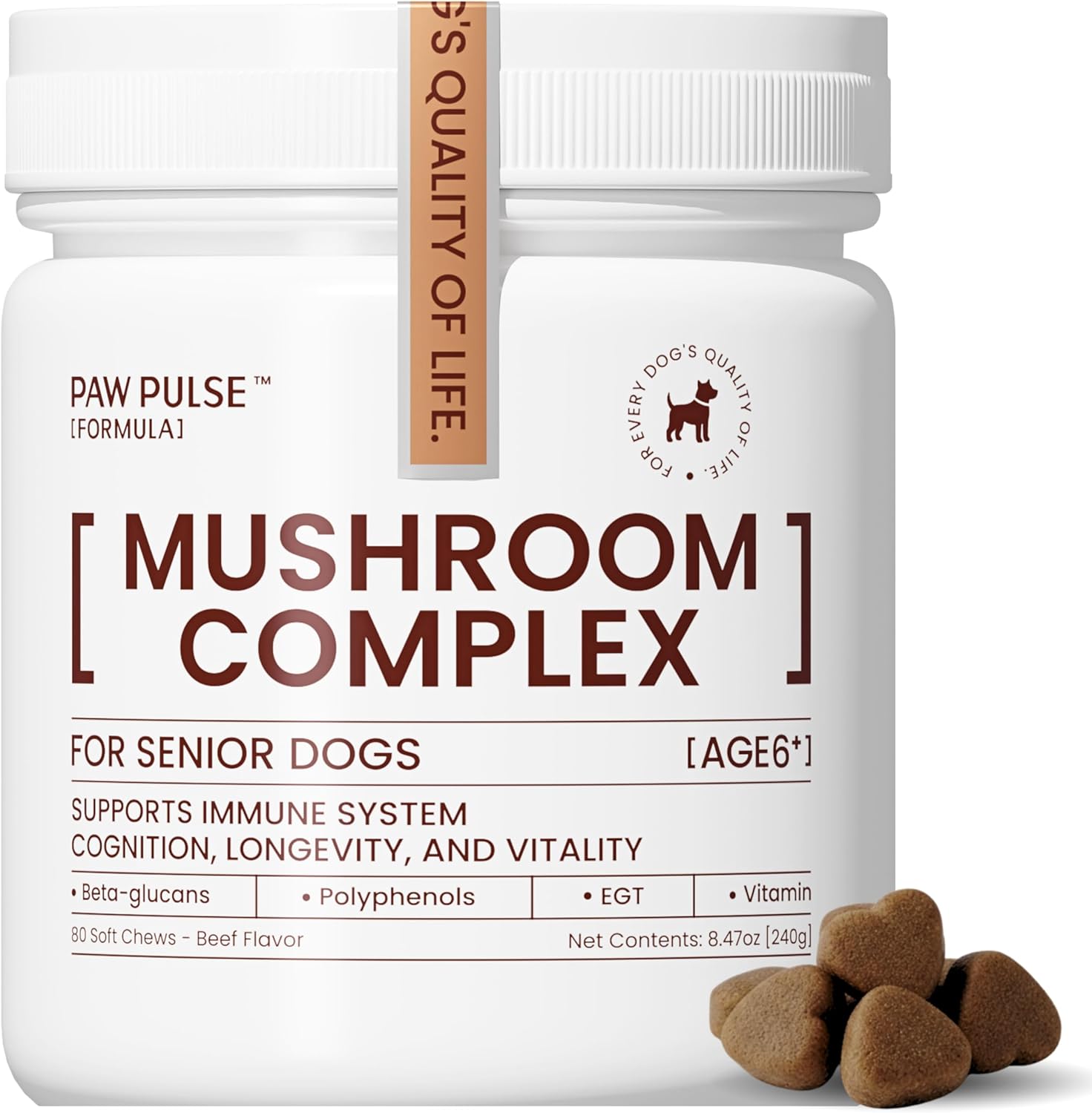 Pawpulse Formula Immune Defense Mushrooms for Dogs – Cellular Growth, Turkey Tail and Lions Mane for Cognitive Support, Lumps and Bumps, Gut Health and Longevity – Senior Dog Supplement, 80 Chews
