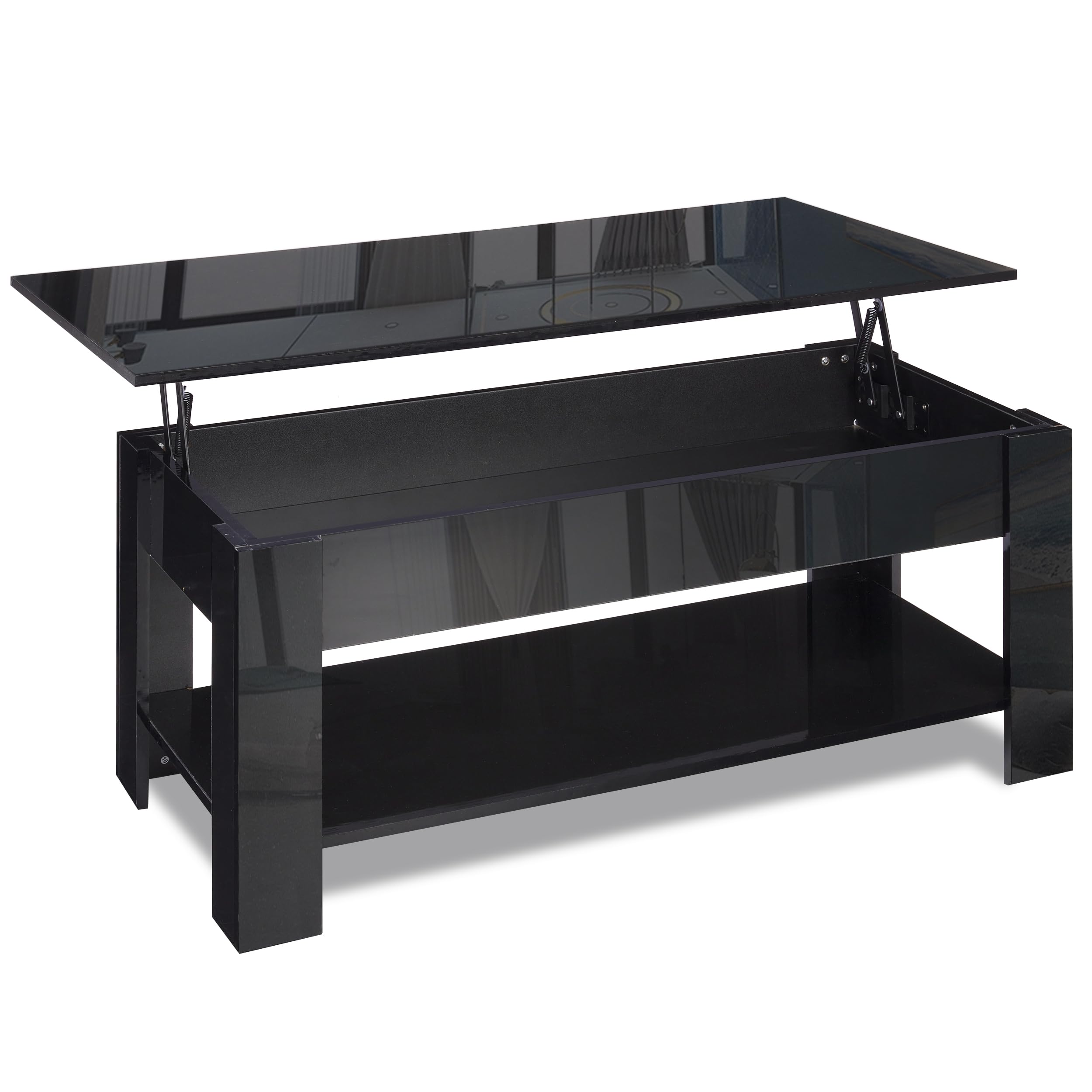 High Gloss Coffee Table with Storage, Lift Top Coffee Table for Living Room, Wooden Coffee Table with Storage Shelf Rectangular Lift-Up Sofa End Tea Tables Furniture Black, 120 x 60 x(49.5-62.5) H cm