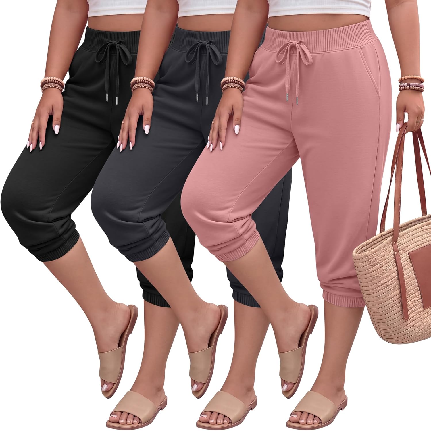 3 Pack Women's Plus Size Capri Sweatpants Athletic Joggers Cropped Lounge Pants Elastic Drawstring with Pockets