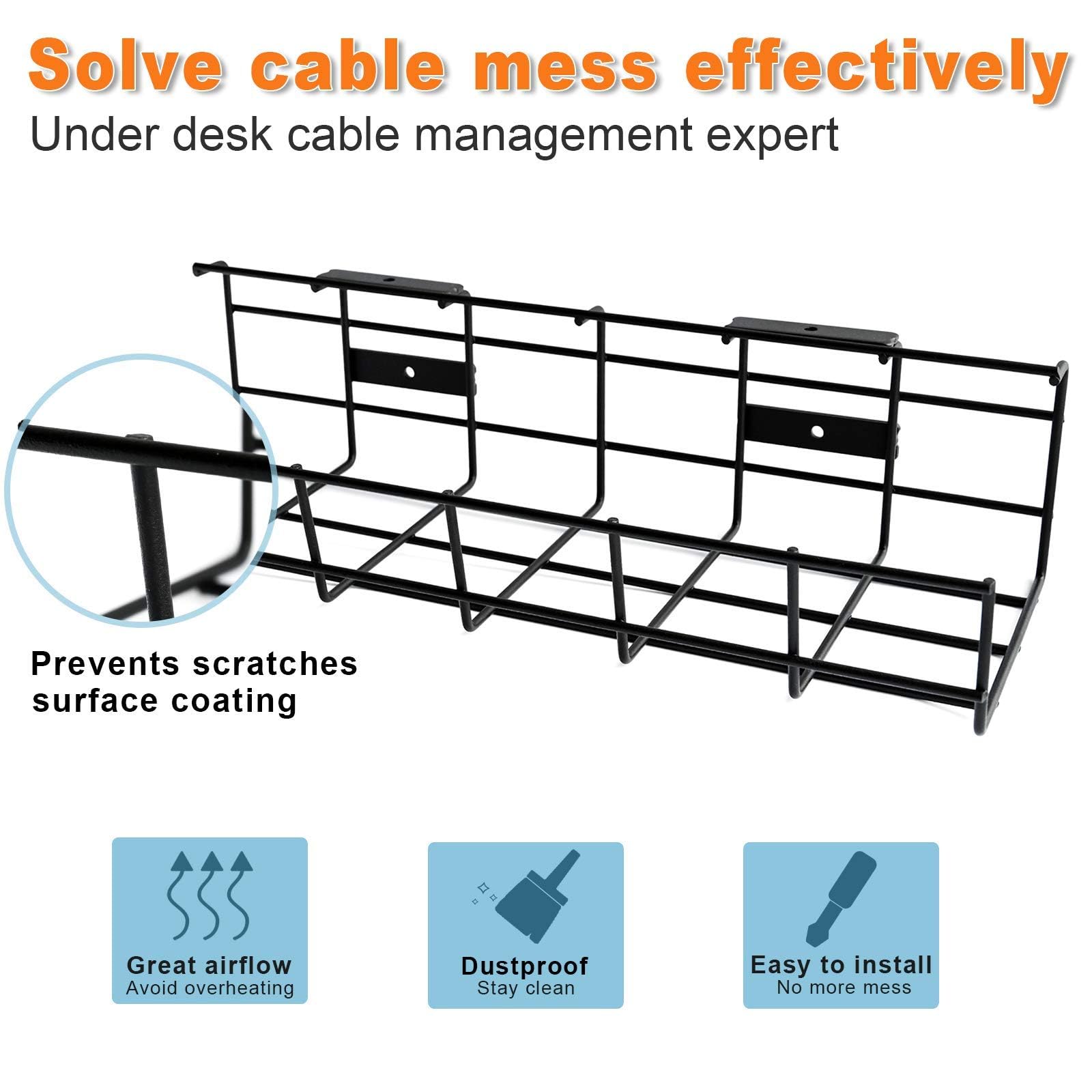 Gestion des câbles sous le bureau - Lot de 4 organiseurs de cordons - Plateau de gestion des câbles en métal pour bureau, studio et maison - Gestion des câbles super robuste sous la table - Organiseur