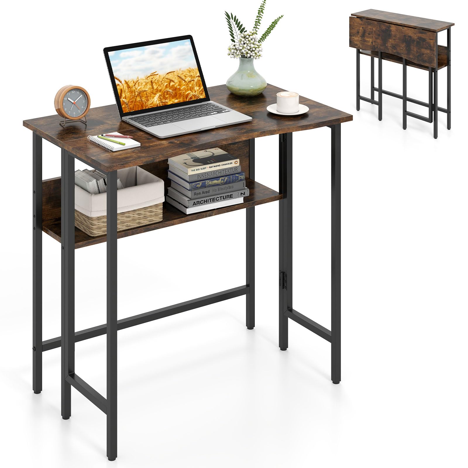 COSTWAY Schreibtisch klappbar mit Ablagefach, Computertisch Holz (Braun)
