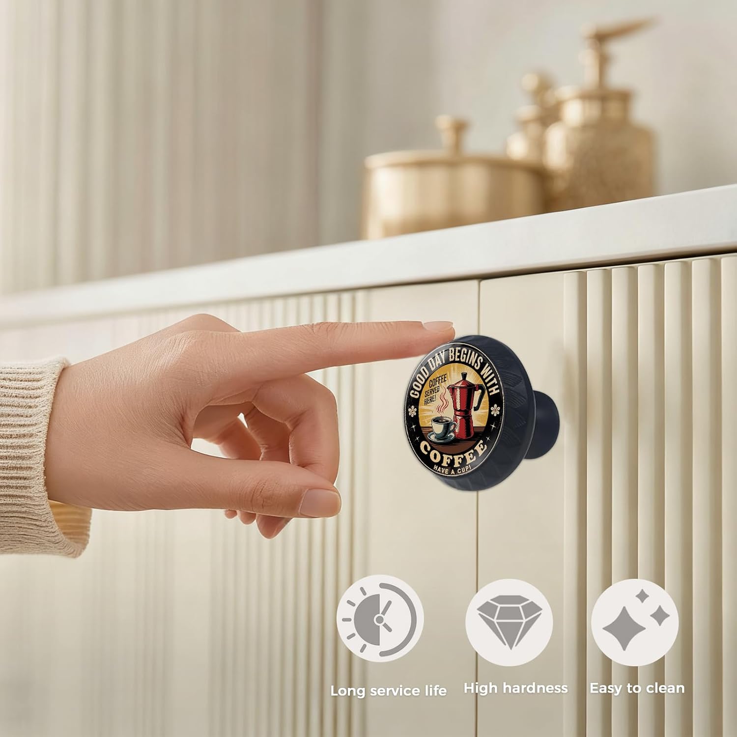 Yiruhe 4 Pack Good Day Begins with Coffee Funny Kitchen Cabinet Knobs Acrylic Round Drawer Pulls for Dresser Cupboard Door Handles