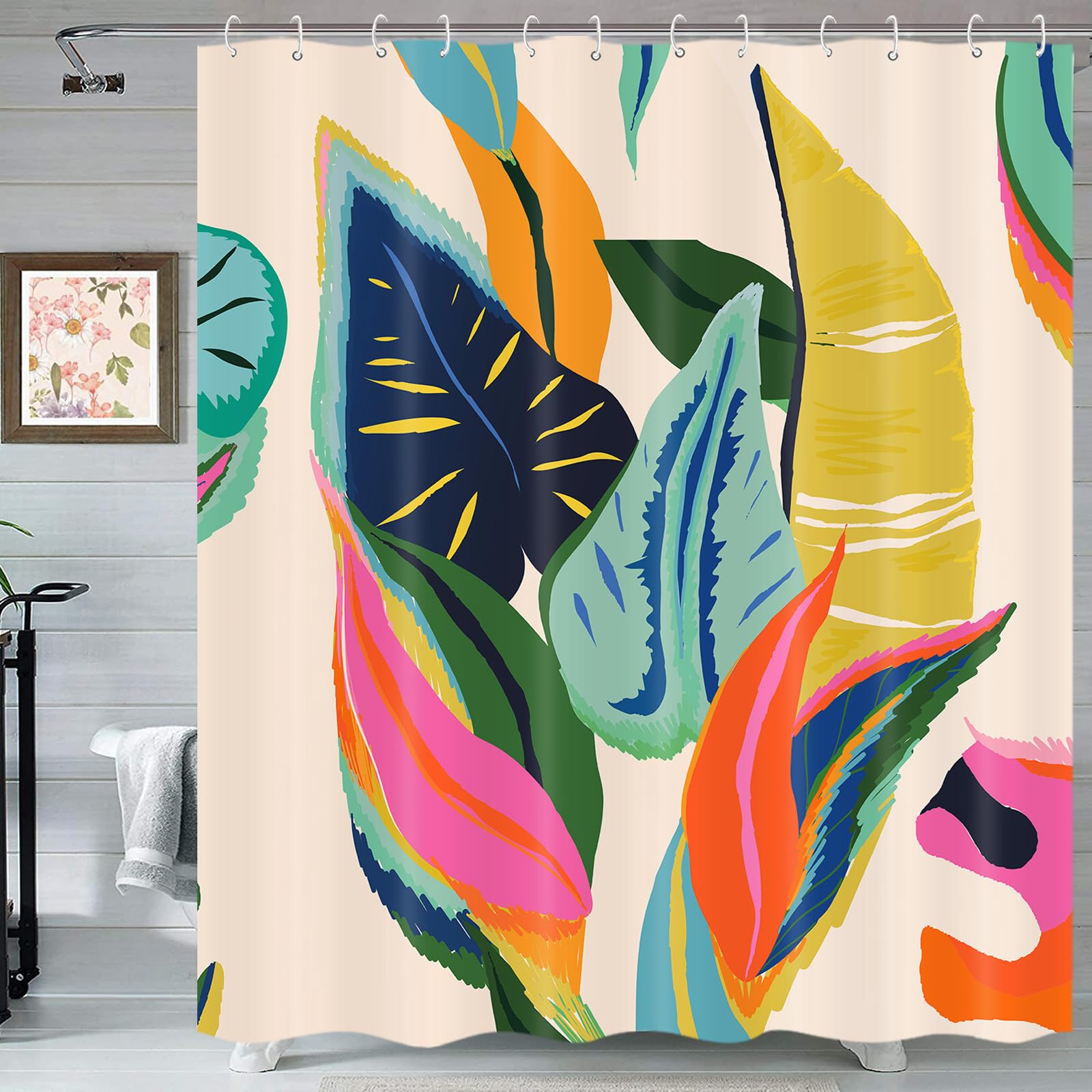 Boho Floral Shower Curtain, Colorful Bohemian Jungle Abstract Asthetic Modern Art Decor for Bathroom, Waterproof Polyester Fabric Bath Curtain with Hooks 72x72 Inch