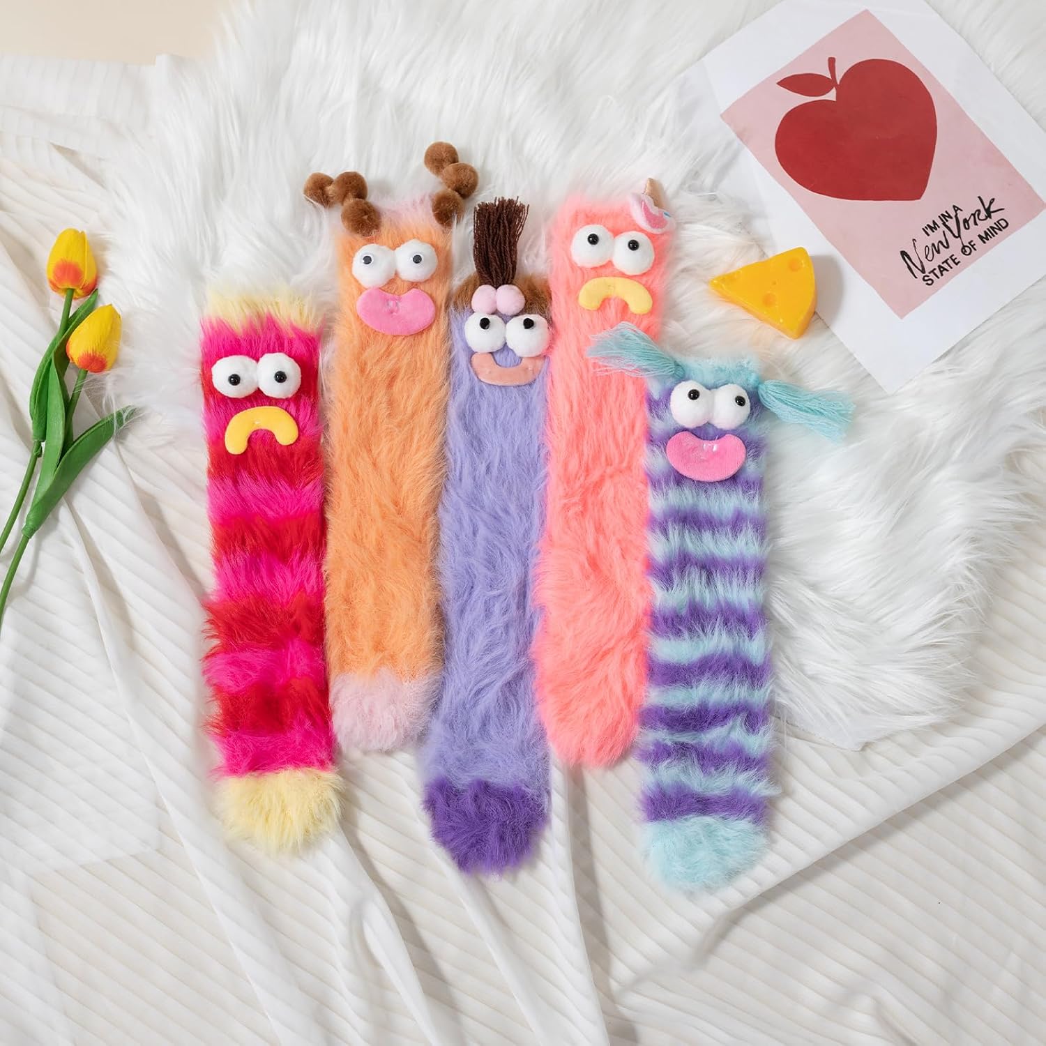 Coral Velvet Cartoon Monster Funny Socks for Women & Girls, 3D Crazy Novelty Face Winter Warm Thick Socks