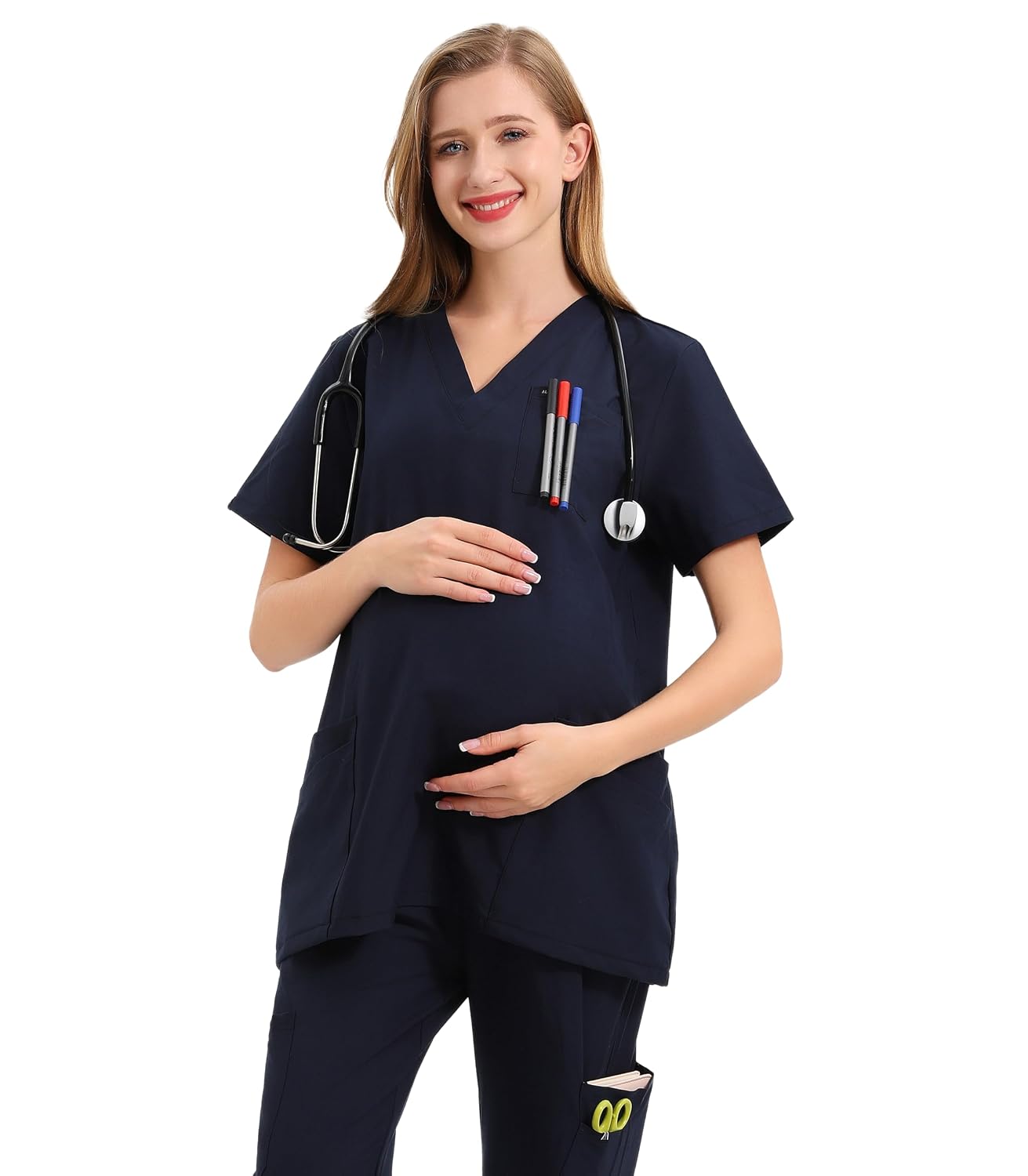 Maternity Scrubs Shirt for Women Doctor Uniform Short Sleeve Pregnant Nurse Scrub with Large Pockets