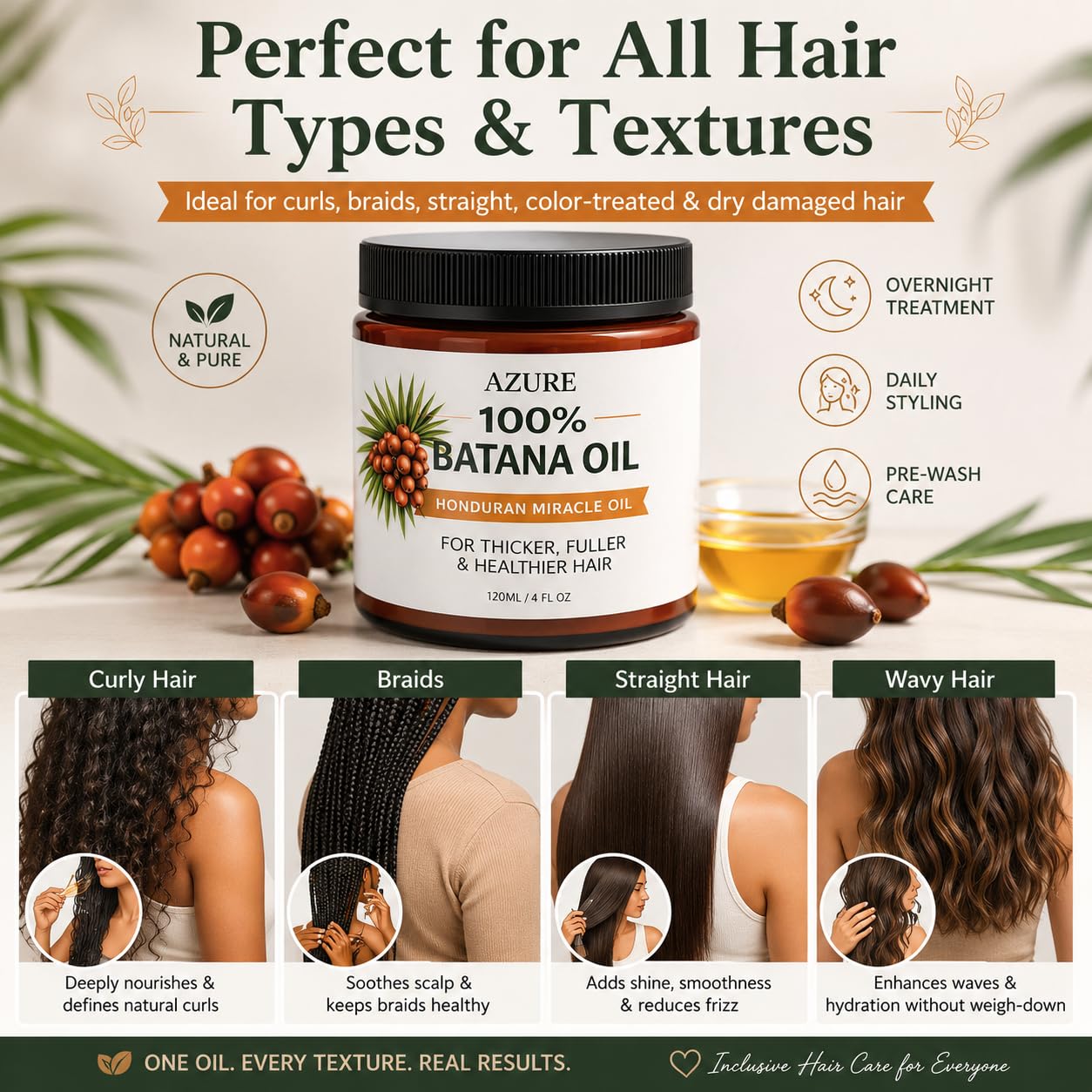 Azure Batana Oil for Hair Growth Naturally Inspired Deep Moisture Hair Treatment for Dry Damaged Hair, Shine, Softness & Scalp Nourishment for All Hair Types, 4 Fl Oz