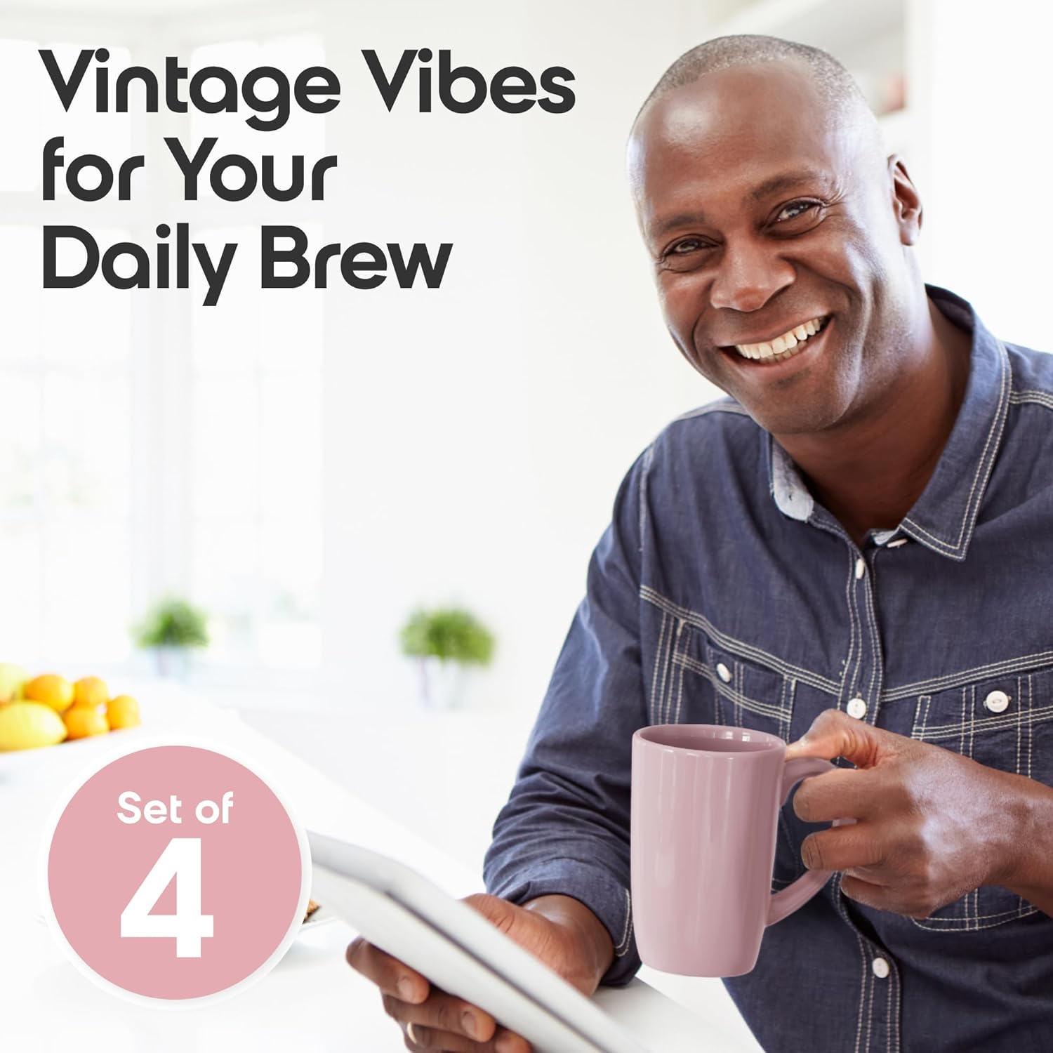 Omniware Teaz Cafe 18 oz Classic Mug, Set of 4 - Vintage-Inspired Stoneware Coffee Cups, Retro Diner Aesthetic, Rustic Drinkware, Dishwasher Safe, Ideal for Tea or Espresso (Pink)