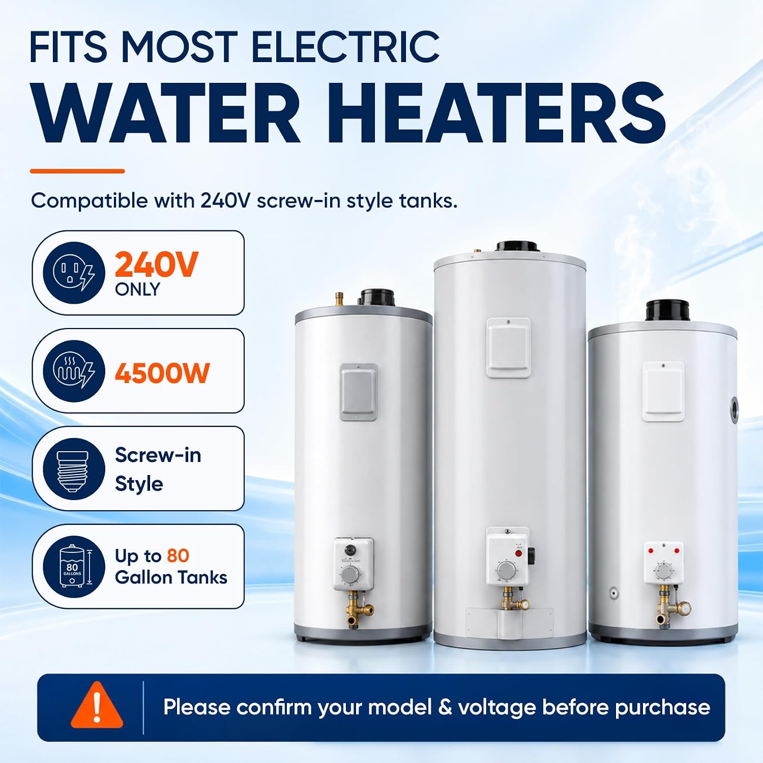 4500W 240V Water Heater Tune-Up Kit, Electric Water Heater Element Kit with Thermostats & Wrench, Fast Hot Water Repair, Fits Most 30–80 Gallon Tank Heaters,EWH-05 electric water heater element kit