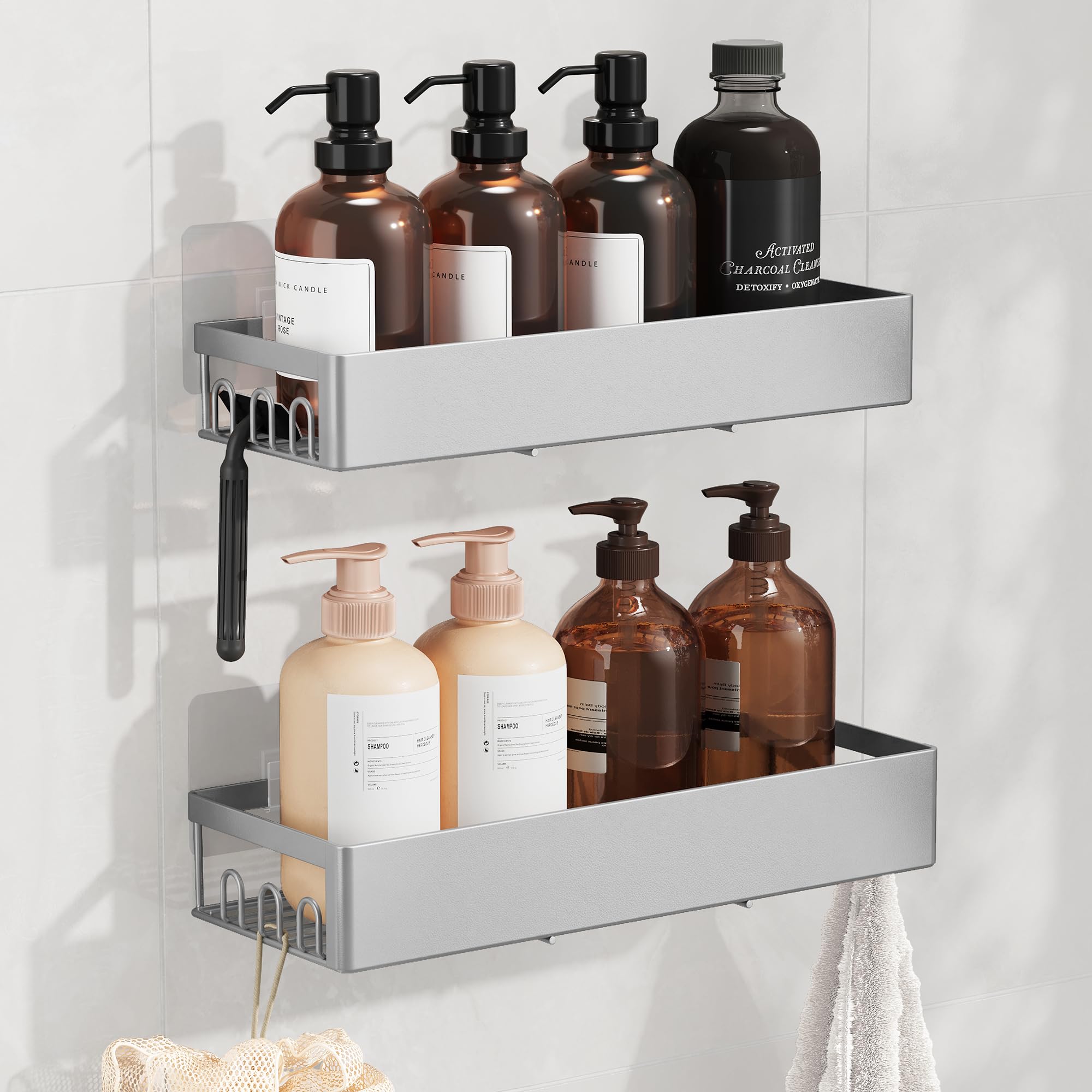 SONGMICS Shower Caddy, 2 Pack Steel Bathroom Shelves, No Drilling Shower Shelf, Self Adhesive Bathroom Storage Organiser, 31.5 x 12.5 x 5 cm, Wall Mounted Shower Rack, Grey BCB201E101