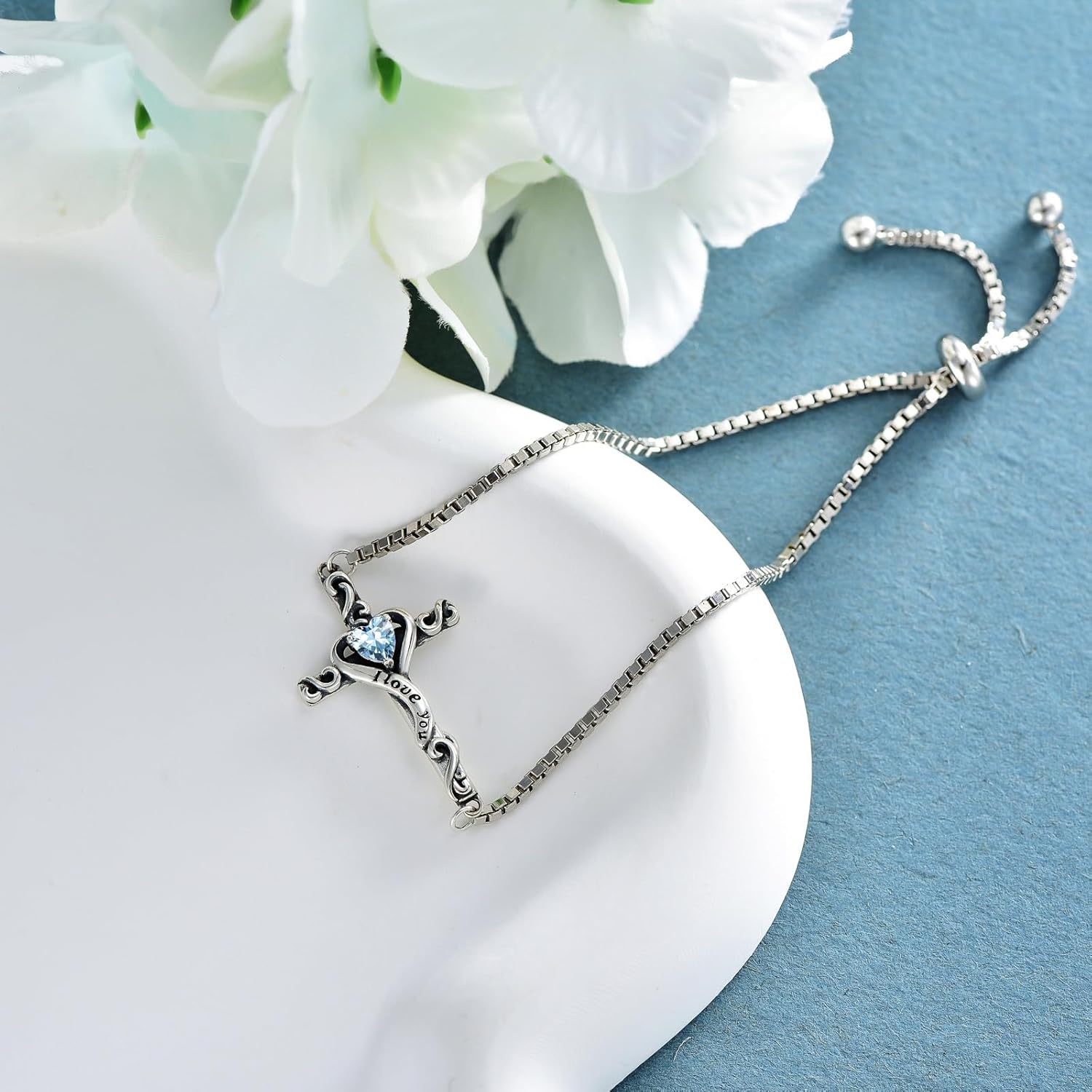 TOUPOP Birthstone Cross Bracelet for Women 925 Sterling Silver Cross Heart Bracelet I Love You Jewelry Birthday Christmas Gifts for Her Girlfriend Wife - Image 5