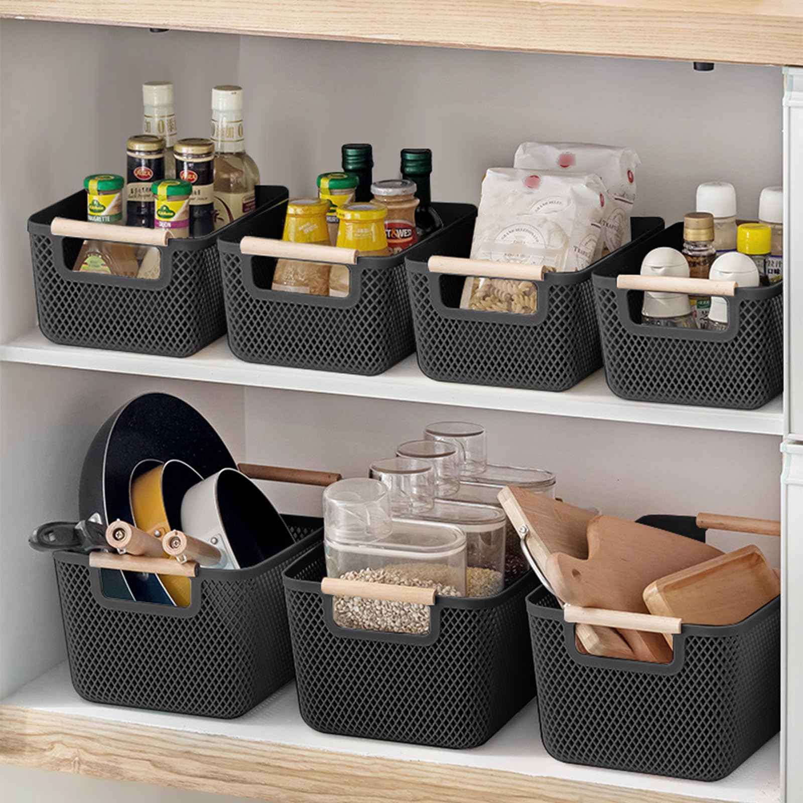 Set di 6 contenitori (3 grandi 35 x 22,5 x 16,2 cm + 3 medie 30 x 20,4 x 14,2 cm) – Cesto portaoggetti da cucina senza coperchio in plastica traspirante con manici in legno per bagno