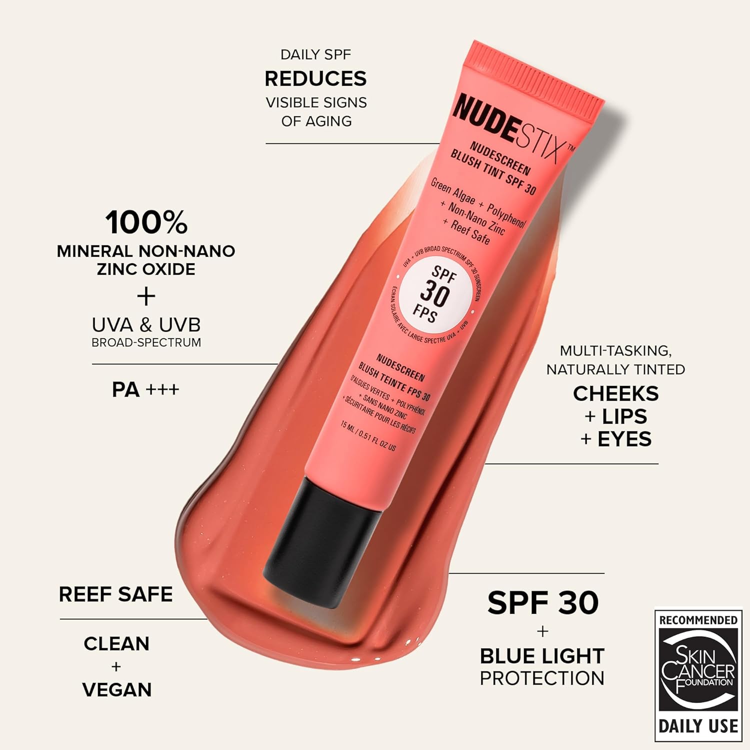 Nudestix Nudescreen Blush Tint SPF 30 – Multi-Use Liquid Blush for Cheeks, Eyes & Lips with Mineral Sunscreen | Broad-Spectrum UVA/UVB & Blue Light Protection
