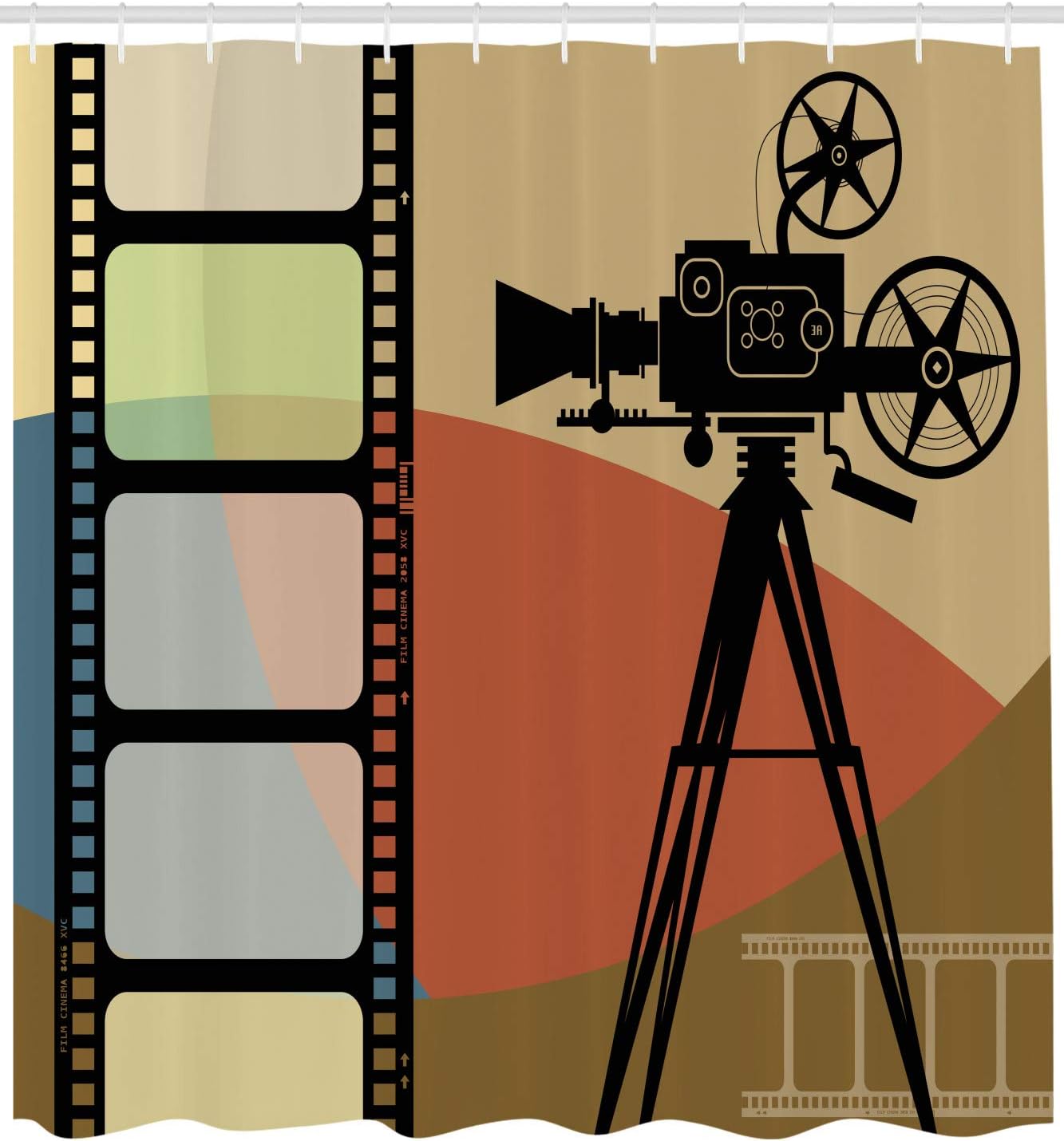 Ambesonne Movie Theater Shower Curtain, Abstract Retro Style Colorful Composition with Projection and Strip Border, Cloth Fabric Bathroom Decor Set with Hooks, 69" W x 84" L, Tan Salmon Caramel