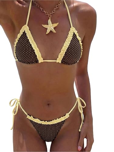 MakeMeChic Women's Polka Dots Triangle Thong Bikini Sets Gingham Halter Cute Swimsuit Bathing Suit - Large - Brown Yellow