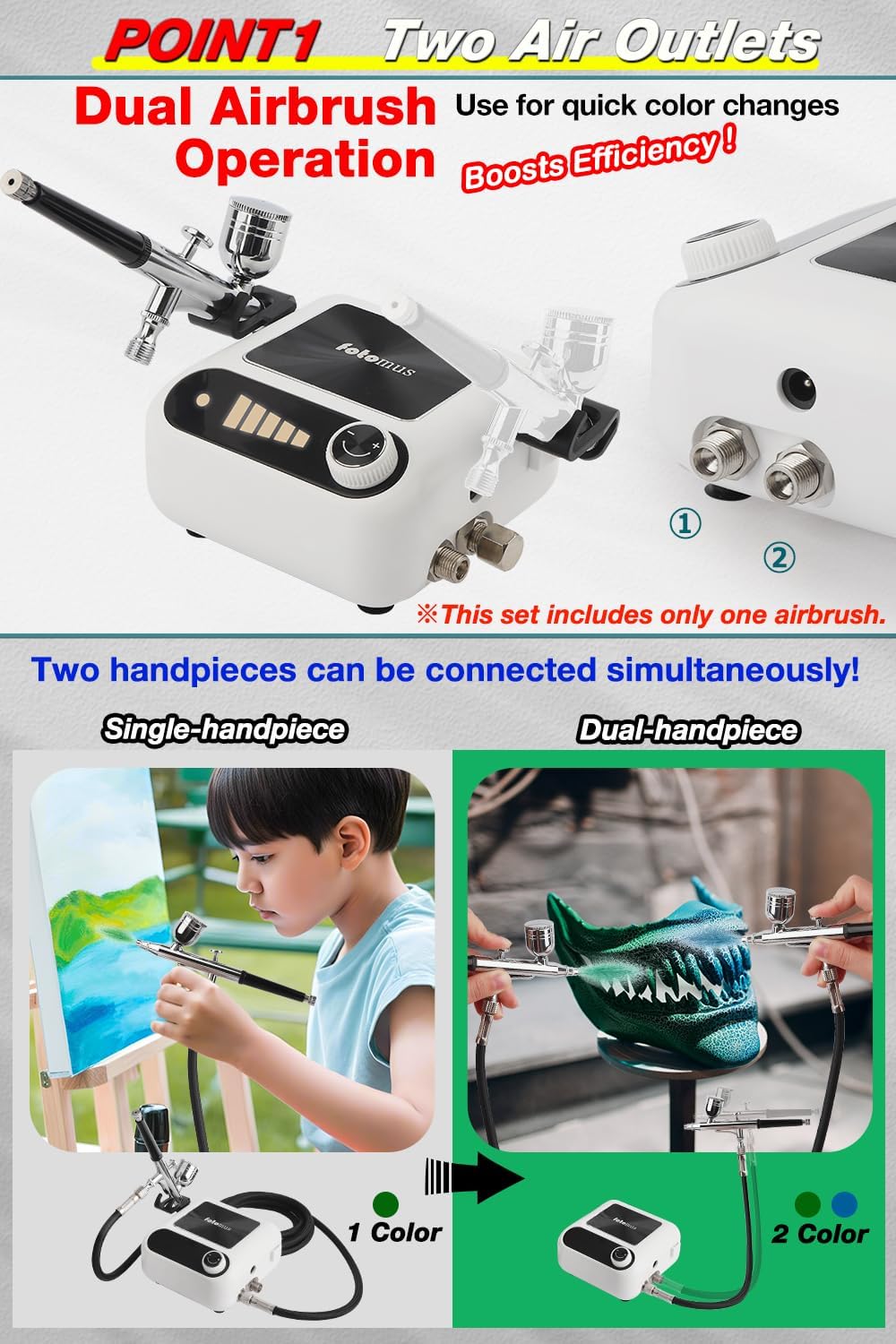 Airbrush Compressor Set, Airbrush Kit with Compressor, Can Connect Two Airbrushes, Auto Power ON/Off, 5-level adjustable, Dual Action, 0.3mm Nozzle