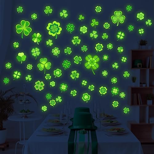 Miniatura 4 de Calcomanías de pared de 33.46 x 23.62 pulgadas que brillan en la oscuridad, calcomanías de pared de tréboles luminosos verdes, calcomanías de pared