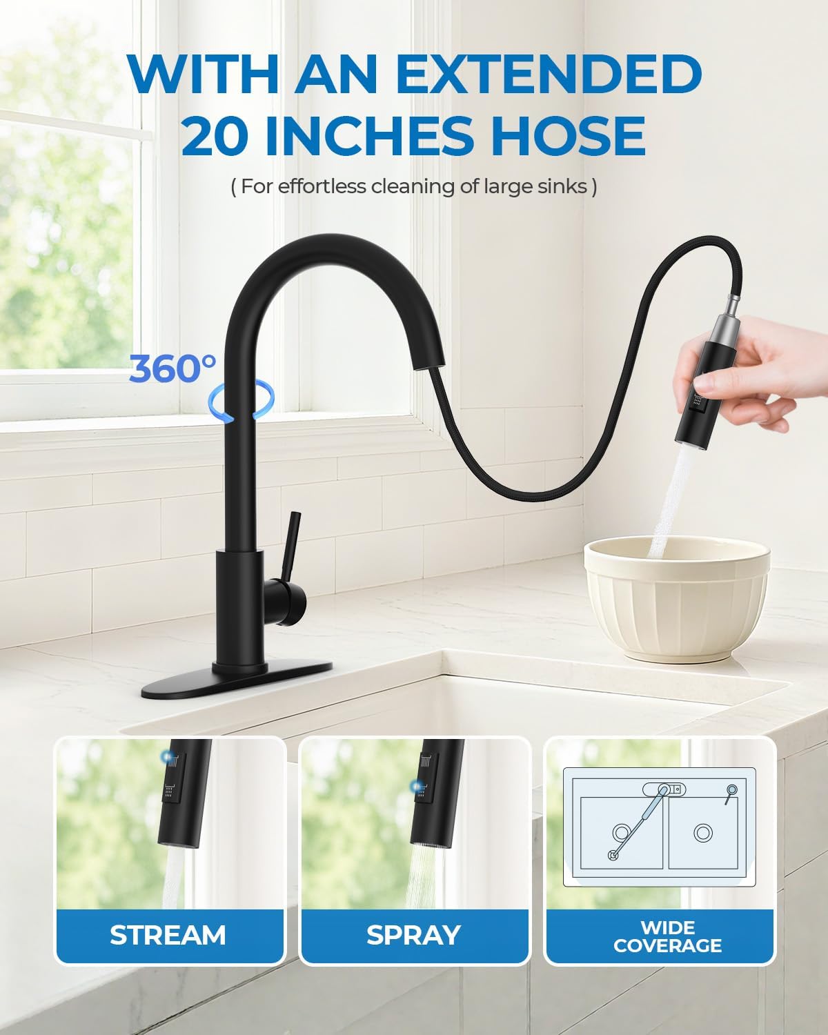WEWE Kitchen Faucet with Pull Down Sprayer, Matte Black SUS304 Stainless Steel Kitchen Sink Faucets, High Arc Single Handle Faucet for Kitchen Sink, Commercial Modern Farmhouse RV Utility Faucet