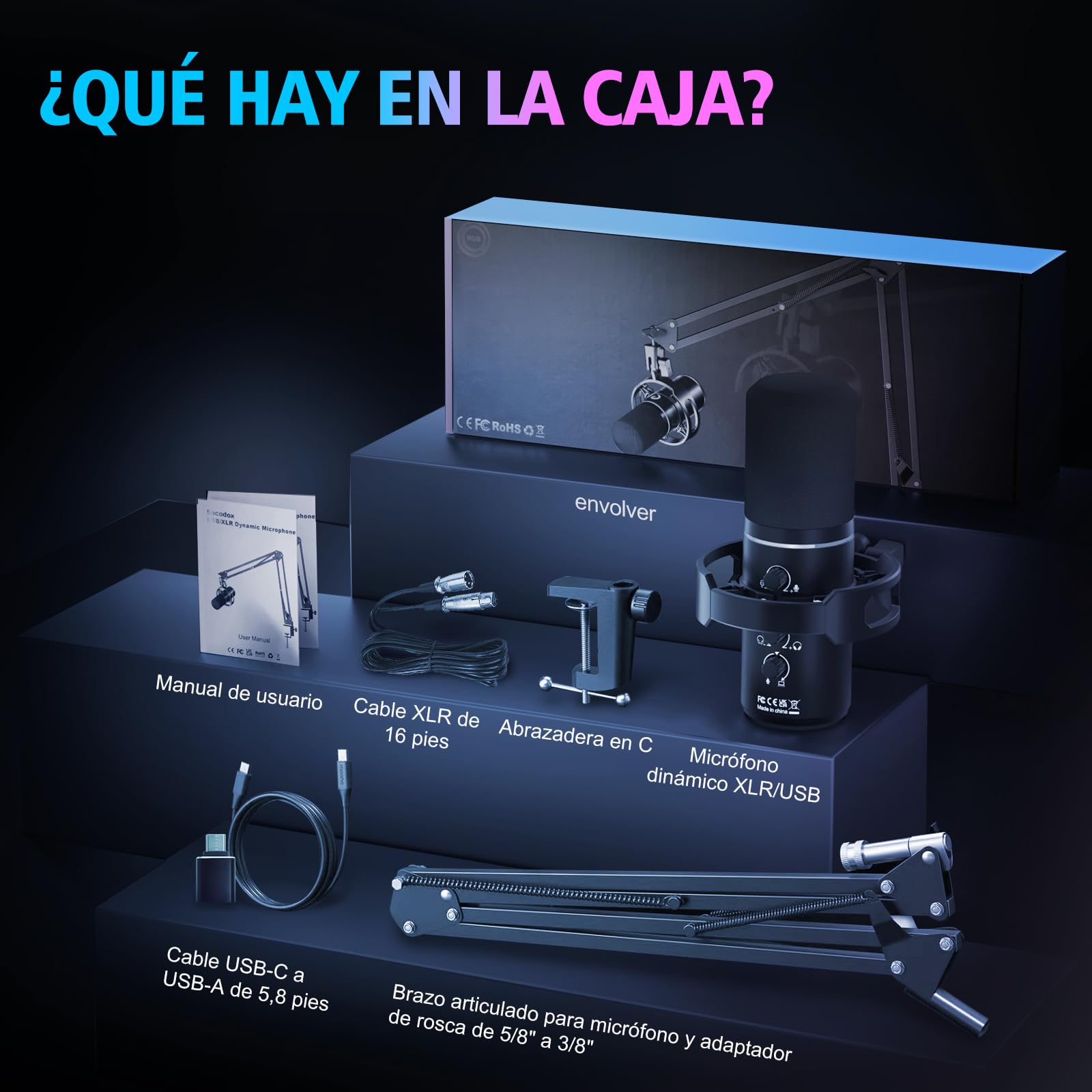 Micrófono para Juegos XLR/USB con Brazo Articulado, Micrófono Dinámico con Silenciamiento con un Solo Toque, Control de Ganancia, Micrófono RGB para Podcasts, Streaming, GrabacióN Y Voz