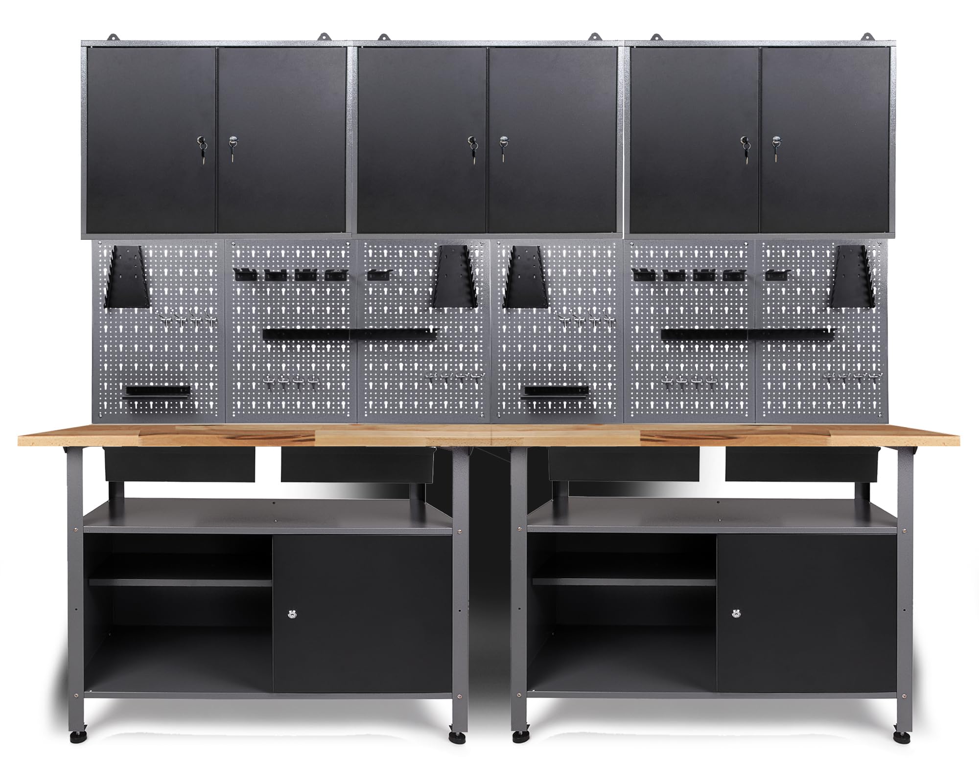 Ondis24 Werkstatteinrichtung Werkstatt Set Werkbank Fritz Hängeschrank Werkzeugwand Metall Schwarz Grau (3X Hängeschrank Ben, 240 cm), Buchenholzarbeitsplatte
