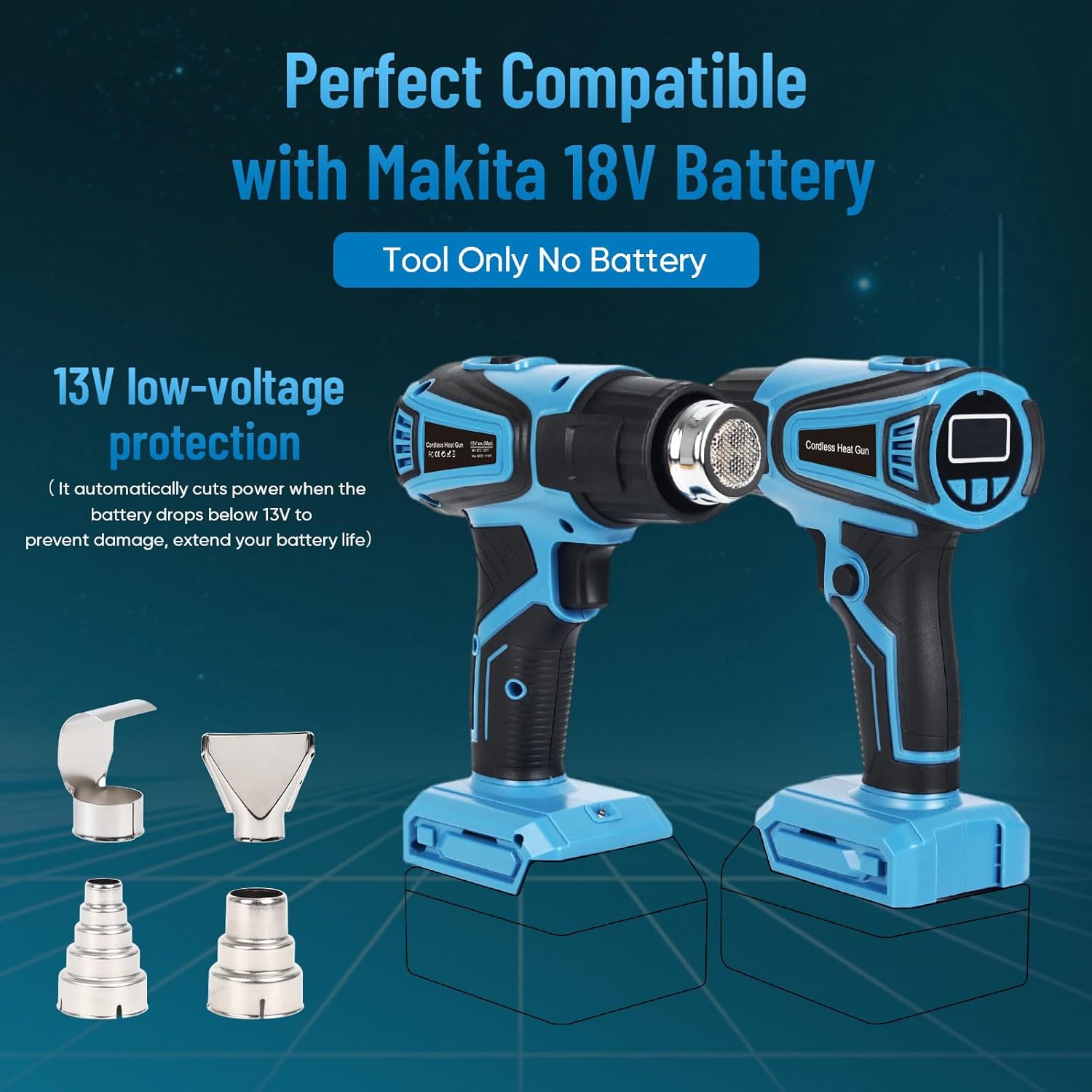 Cordless Heat Gun Compatible with Makita 18v Battery, Fast Heating Variable Temp (122°F~1112°F) Hot Air Gun LCD Display and 4 Nozzle for for Crafting, Shrink Tubing, Vinyl Wrap, Resin, DIY(No Battery)