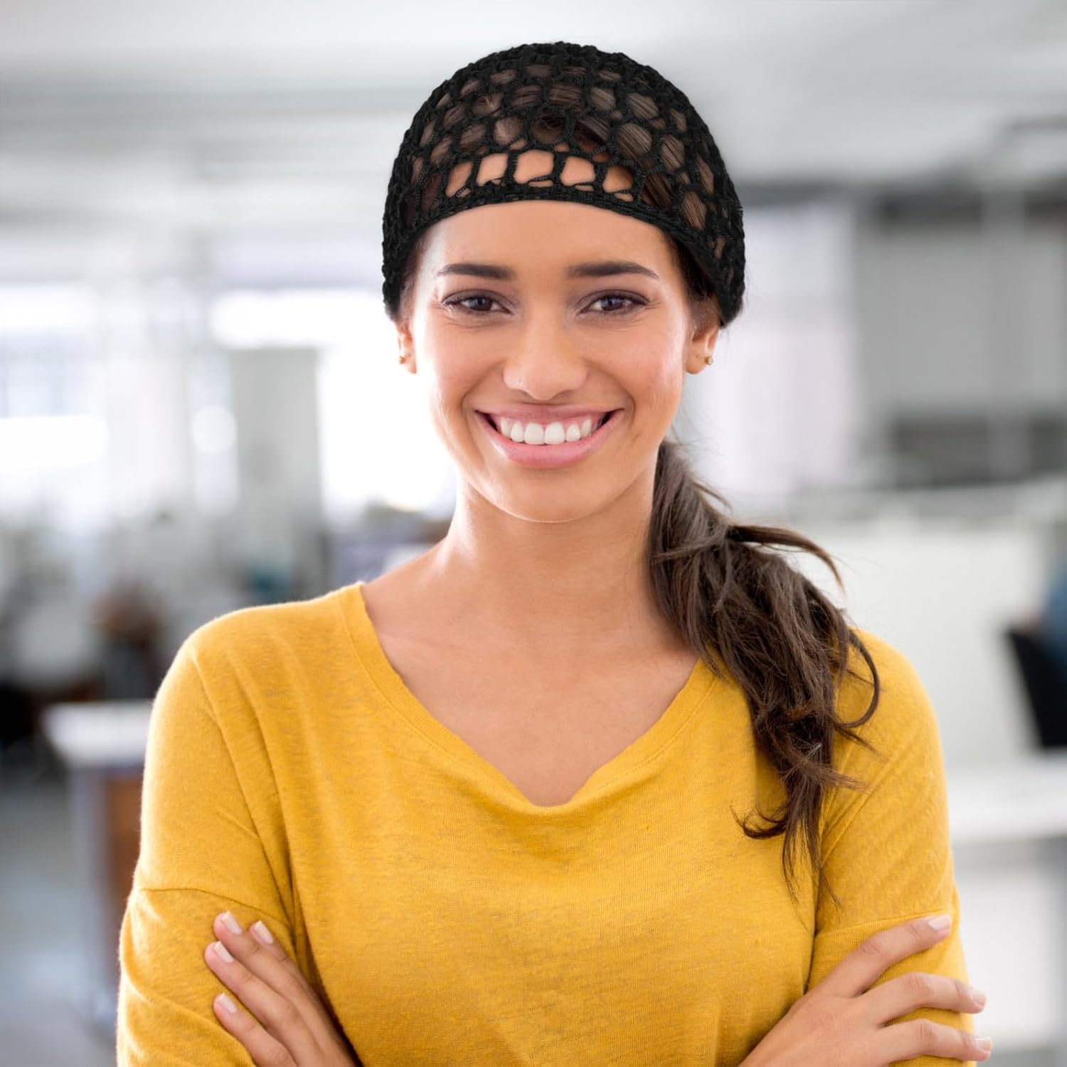 Mesh Crochet Hair Net Polyester Elastic Black for Women 6pcs | Bathing and Summer Use, Practical Comfortable Fit, Knit Hair Cover Net Style