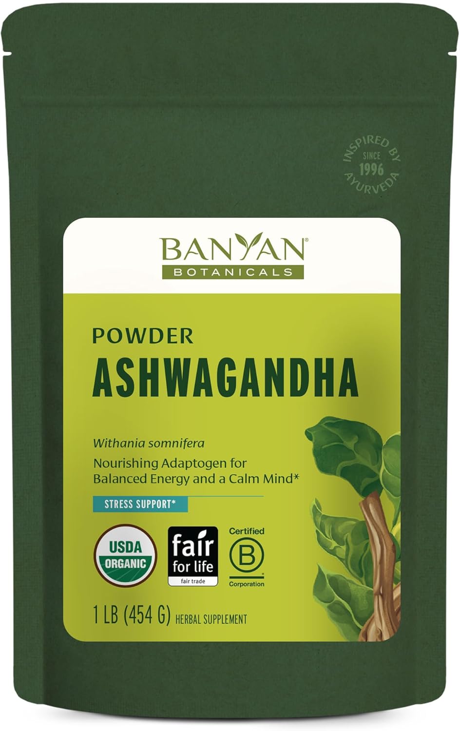 Banyan Botanicals Organic Ashwagandha Root Powder–1lb Bulk (504 Servings)Natural Cortisol Manager & Adrenal Support–Stress Relief, Better Sleep & Energy–Adaptogen for Smoothies & Moon Milk–Vegan,FFL*
