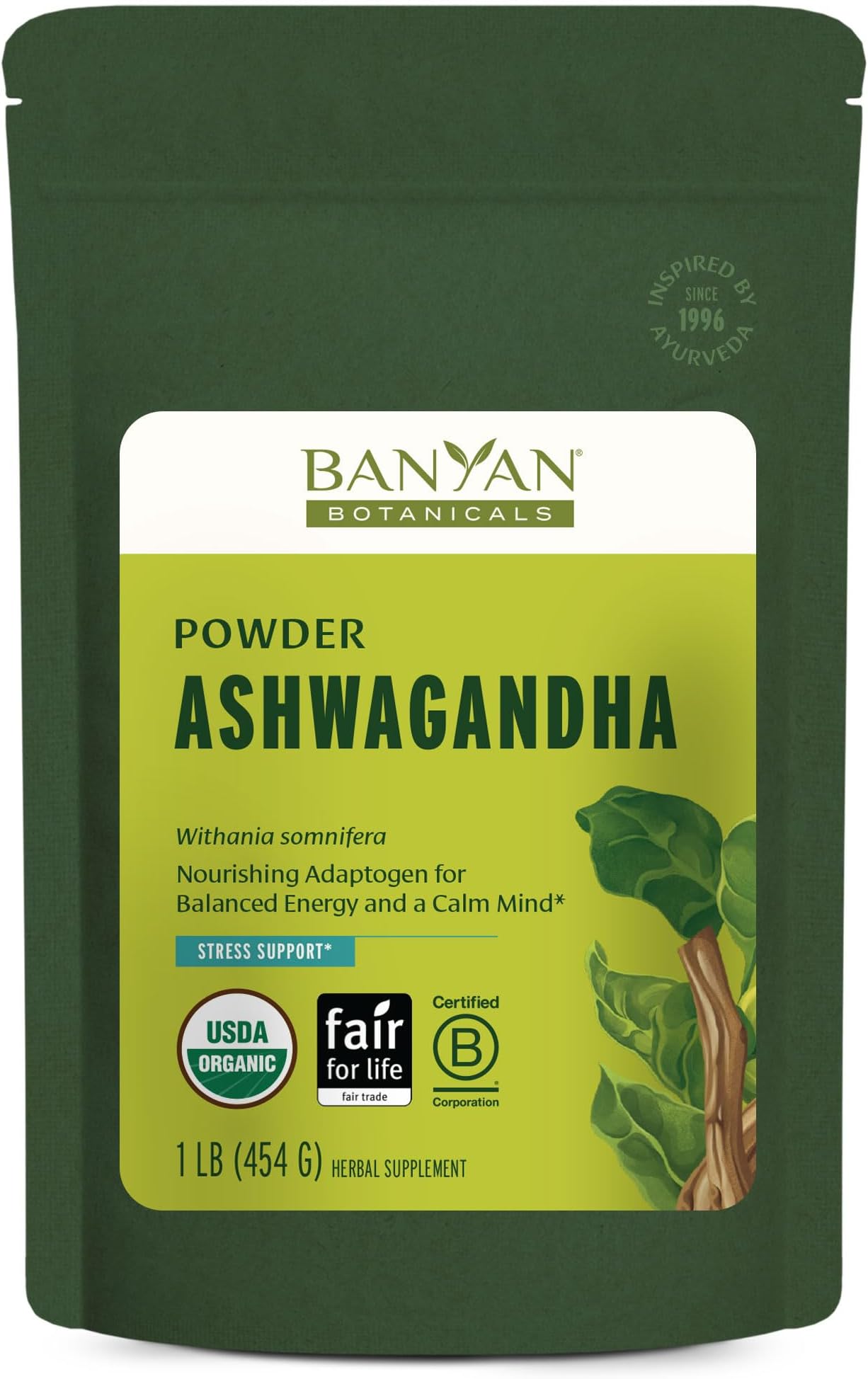 Banyan Botanicals Organic Ashwagandha Root Powder–1lb Bulk (504 Servings)Natural Cortisol Manager & Adrenal Support–Stress Relief, Better Sleep & Energy–Adaptogen for Smoothies & Moon Milk–Vegan,FFL*