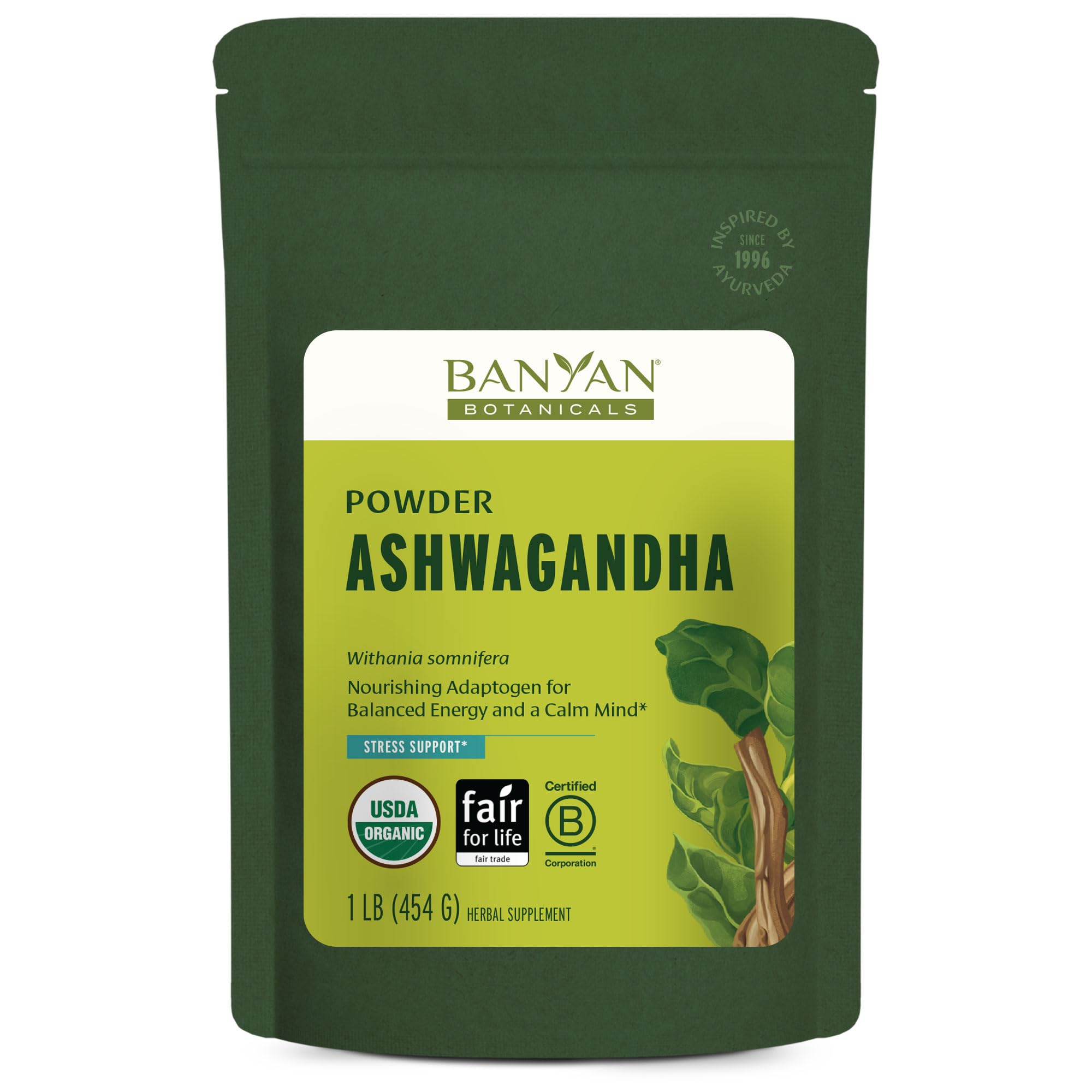 Banyan Botanicals Organic Ashwagandha Root Powder–1lb Bulk (504 Servings)Natural Cortisol Manager & Adrenal Support–Stress Relief, Better Sleep & Energy–Adaptogen for Smoothies & Moon Milk–Vegan,FFL*