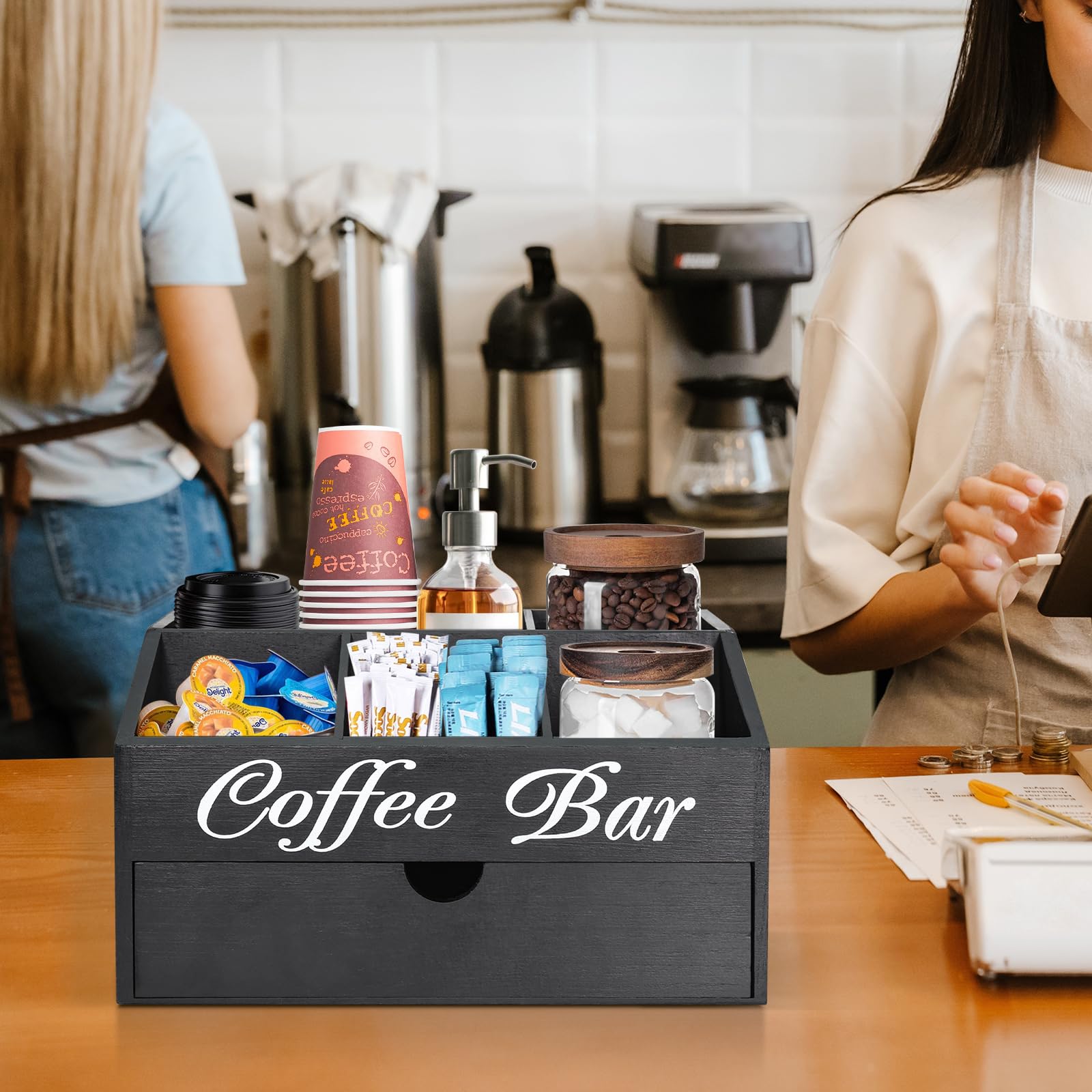 Organiseur De Station Café En Bois Avec Tiroir - 31x21.5x17 Cm, 6 Compartiments, Séparateurs Amovibles