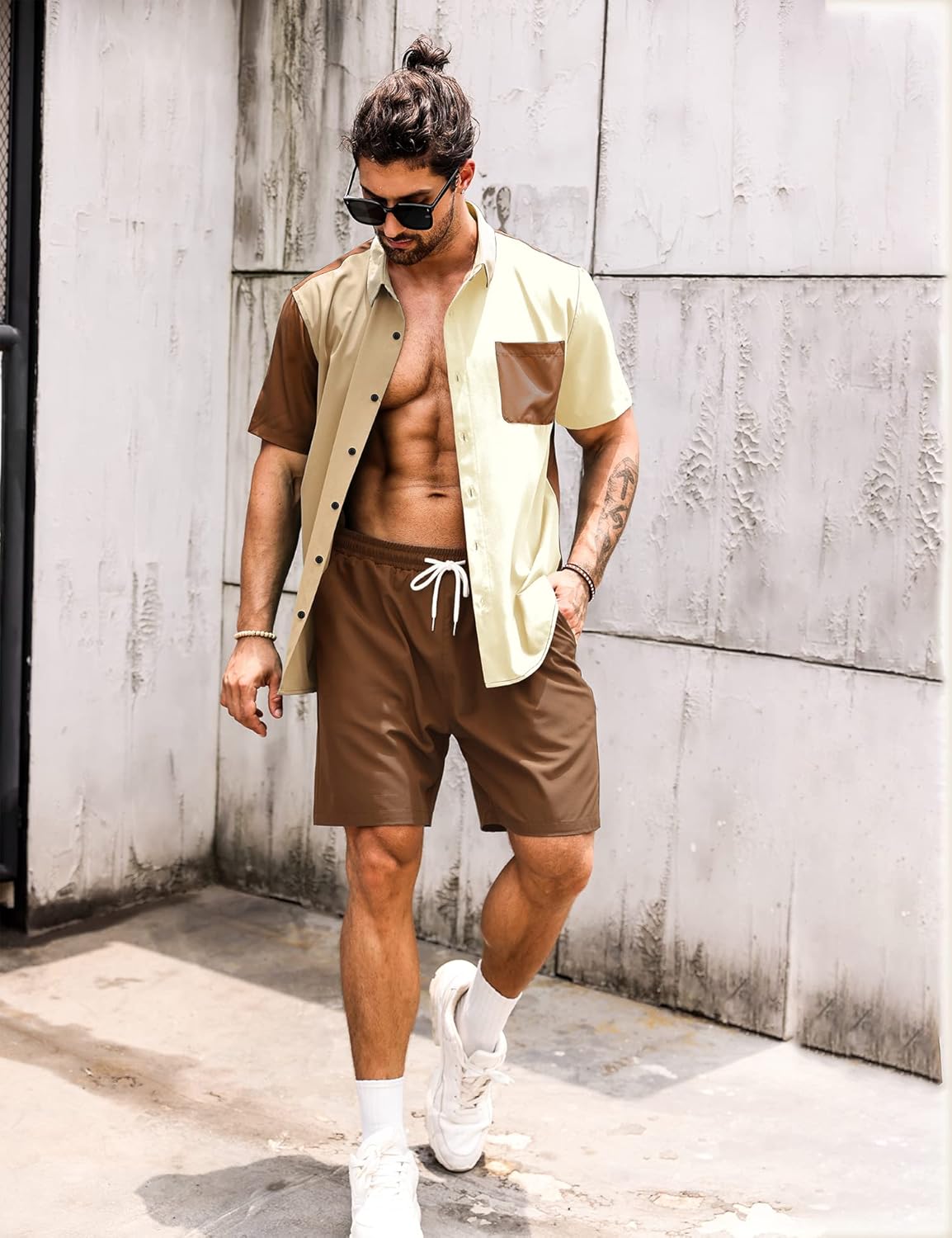 LecGee Men Summer Casual Short Sets Contrast Short Sleeve Button Down Shirt and Shorts Set 2 Piece Outfits Tracksuit