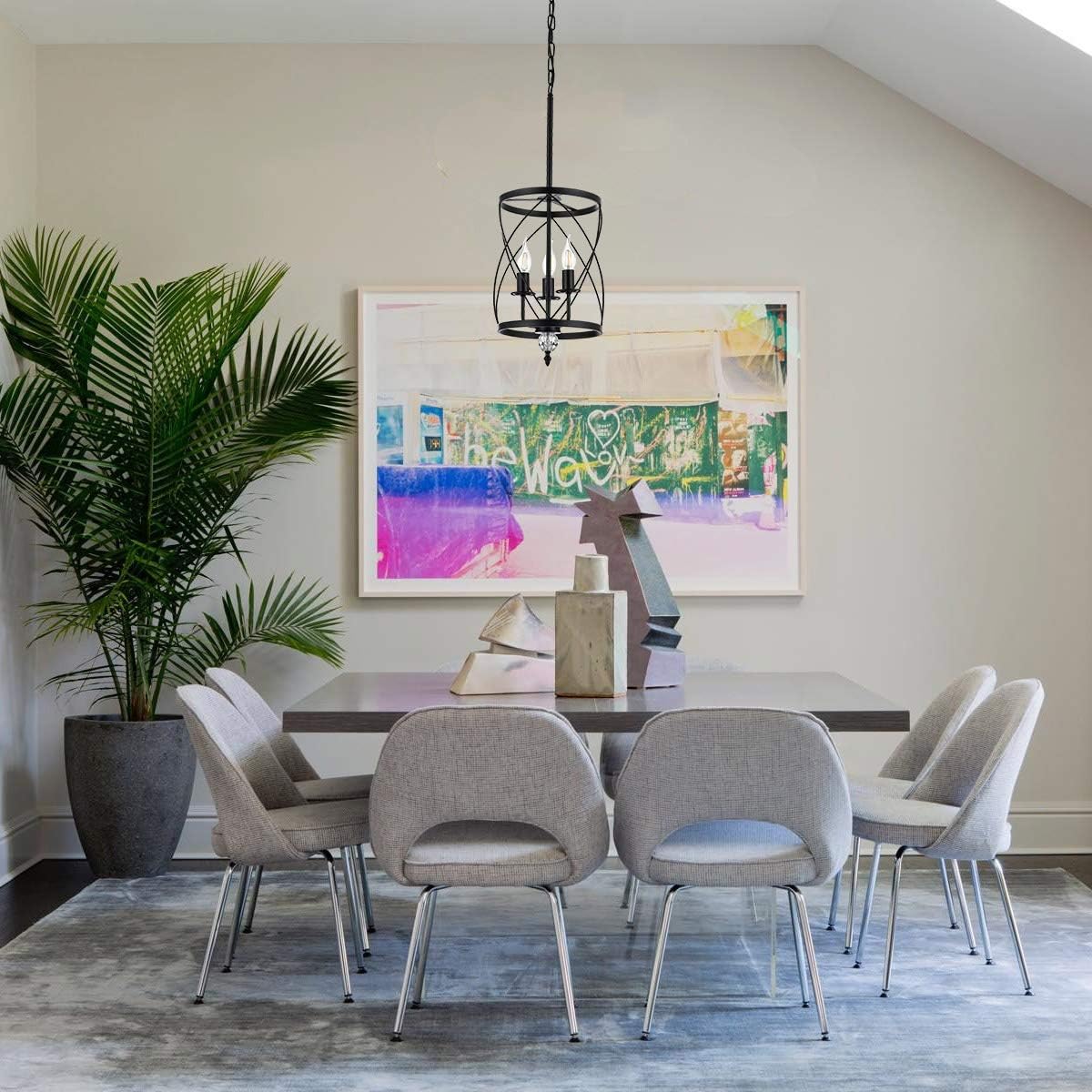 Lowest Price Modern Chandelier Foyer Pendant Light, 3 Light Cylinder Metal Shade Kitchen Industrial Candle Pendant Lighting Fixture for Farmhouse Hallway, E12 Base, 9.1” in Dia, Black