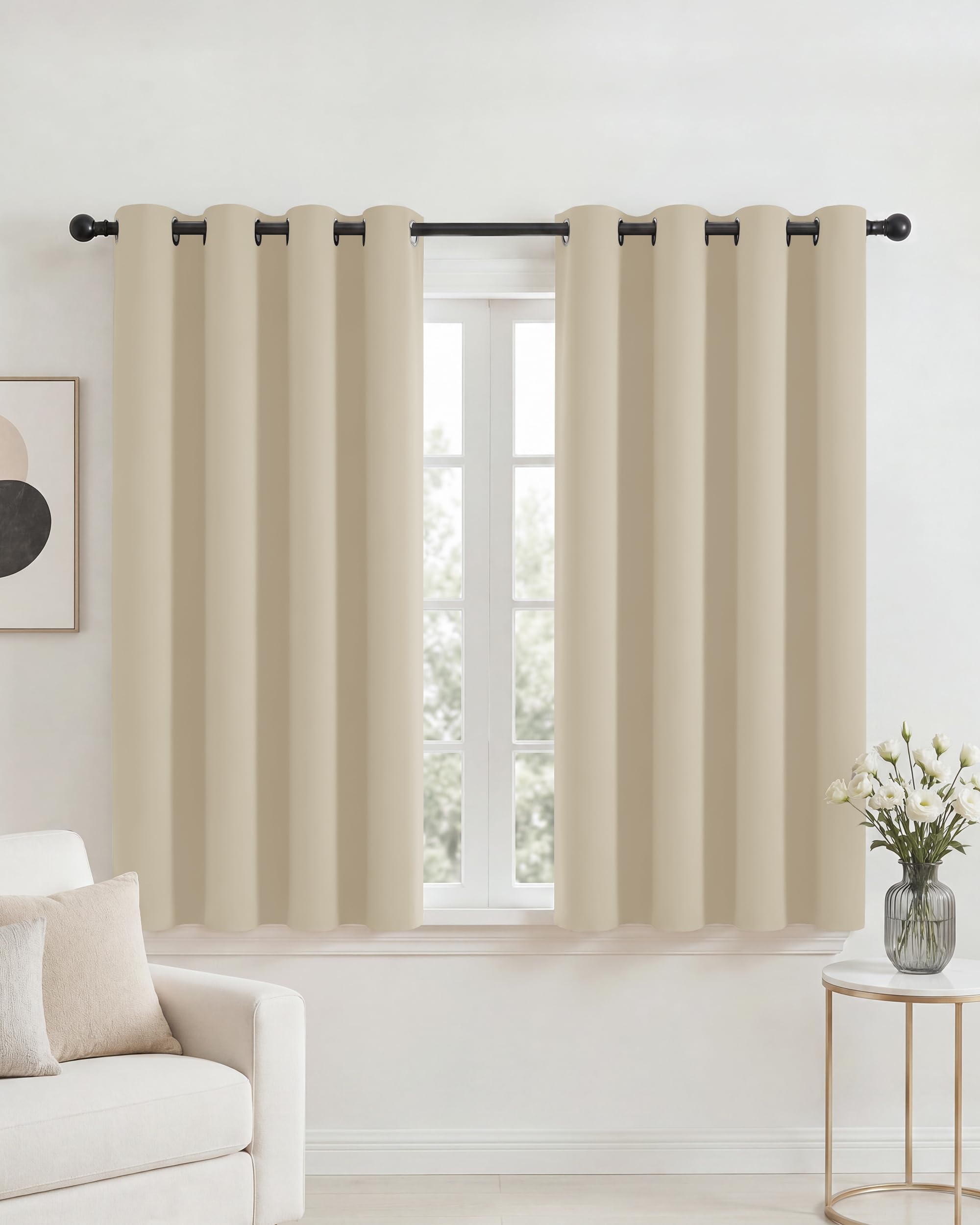 PONY DANCE Short Eyelet Blackout Curtains Beige, Thermal Insulated Room Darkening Drapes for Lounge & Kitchen, Essential Energy Saving Privacy Set, 2 Panels W52 xL45
