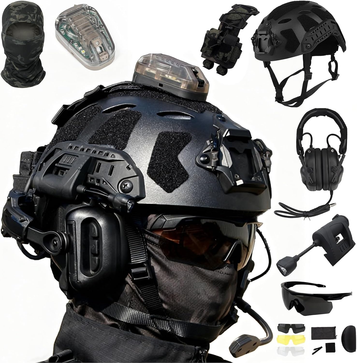 PJ Type Adjustable Fast Airsoft Protection Helmet Set - Tactical Headset, Helmet Light, Shooting Goggles & Counterweight Pouch Military Protective Gear