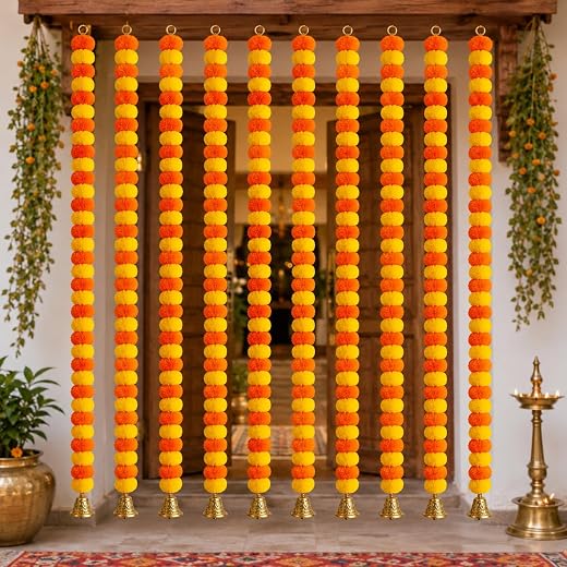 iHandikart Handmade Decorative Marigold Fluffy Artificial Garland, Size 60x2.5 inches Used for Home/Office Decoration, Yel...