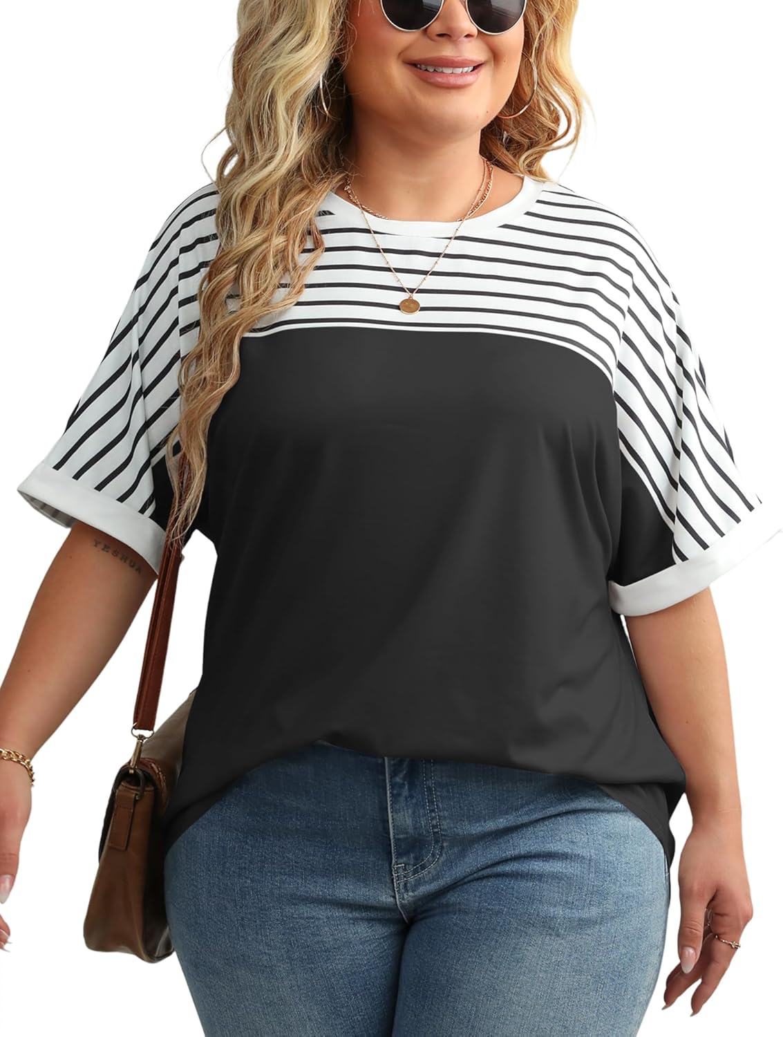 LUYAA Womens Plus Size Tops Short Sleeve Shirts V Neck Tunic Striped Blouses Black XL-5X - Image 5