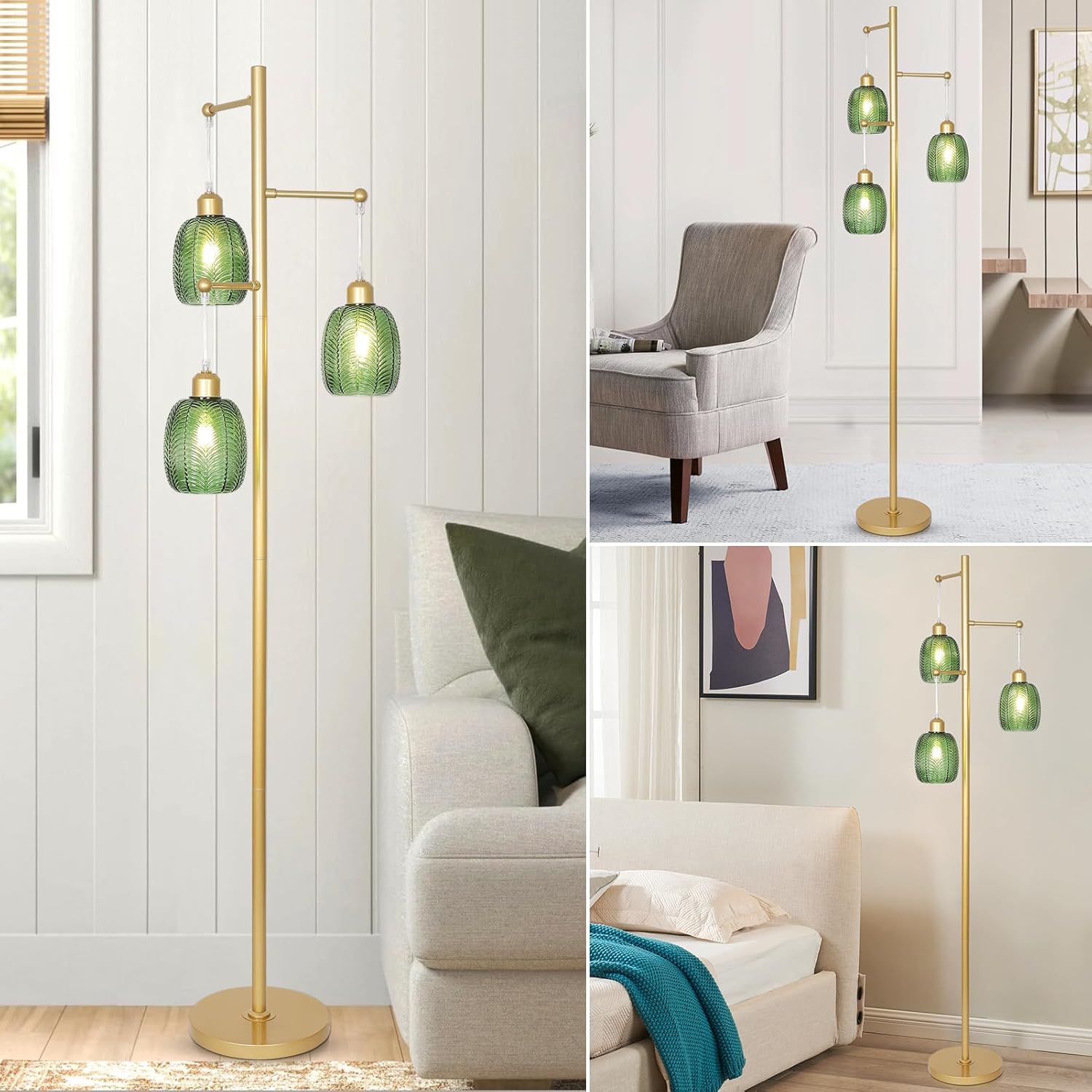 Gold Floor Lamps for Living Room, Boho Green Glass Flower Floor Lamp with 3 Led Bulb, Mid Century Modern 3 Light Brass Tall Lamps Farmhouse Standing Lamp Tree Floor Lamps for Bedroom,Office,Corner